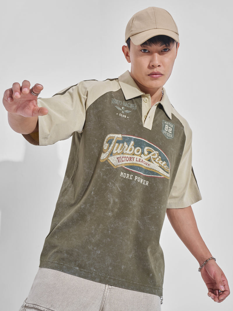 Highlander Men Olive Printed Polo Collar T-Shirt - Olive - Image 1