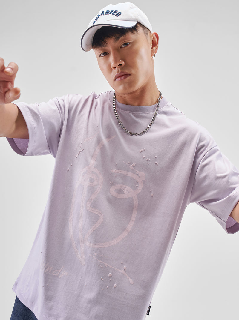 Highlander Men Lvender Printed Round Neck Oversized Fit T-Shirt - Lvender - Image 1