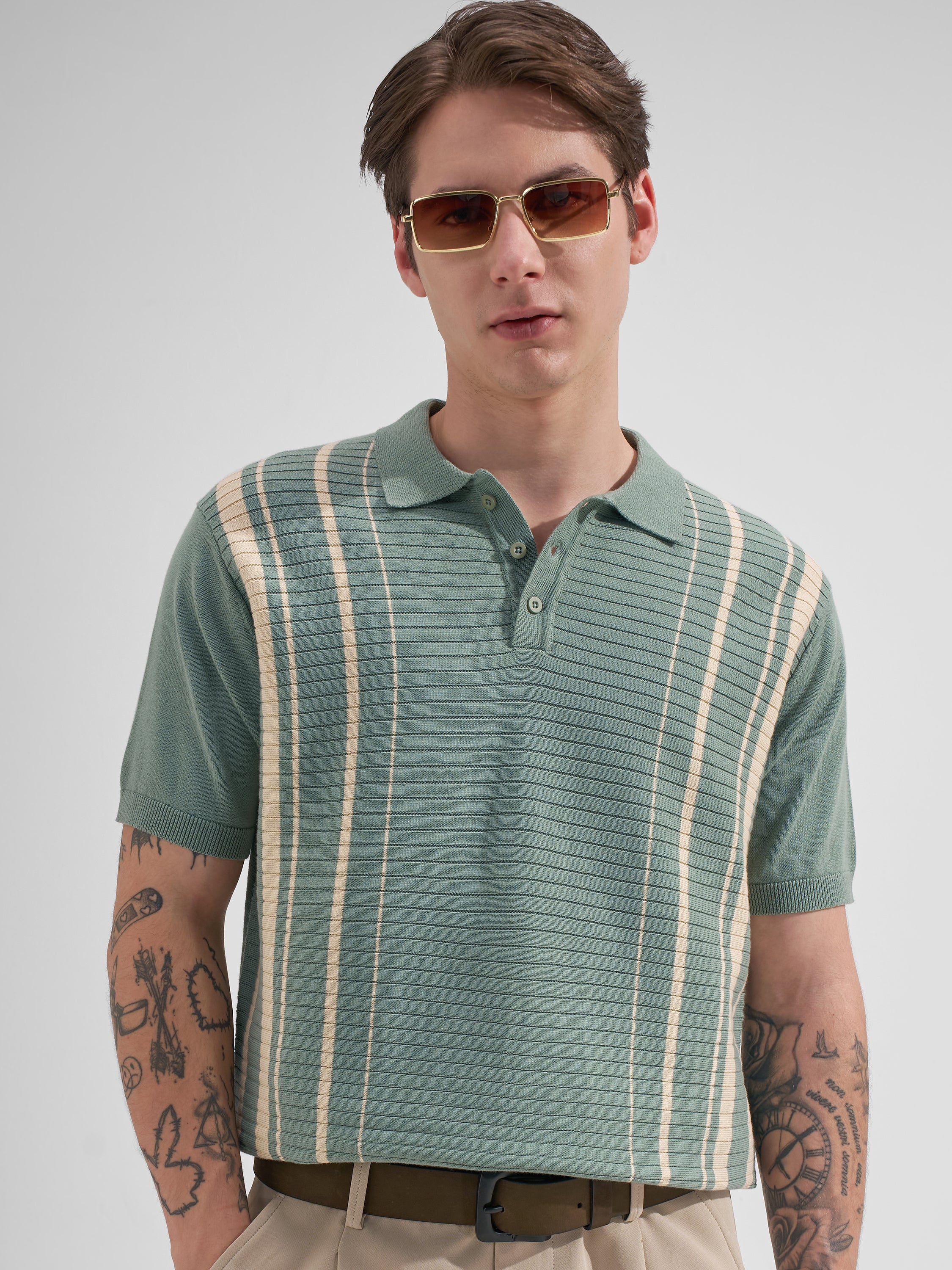 Highlander Men Green Striped Polo Collar T-Shirt