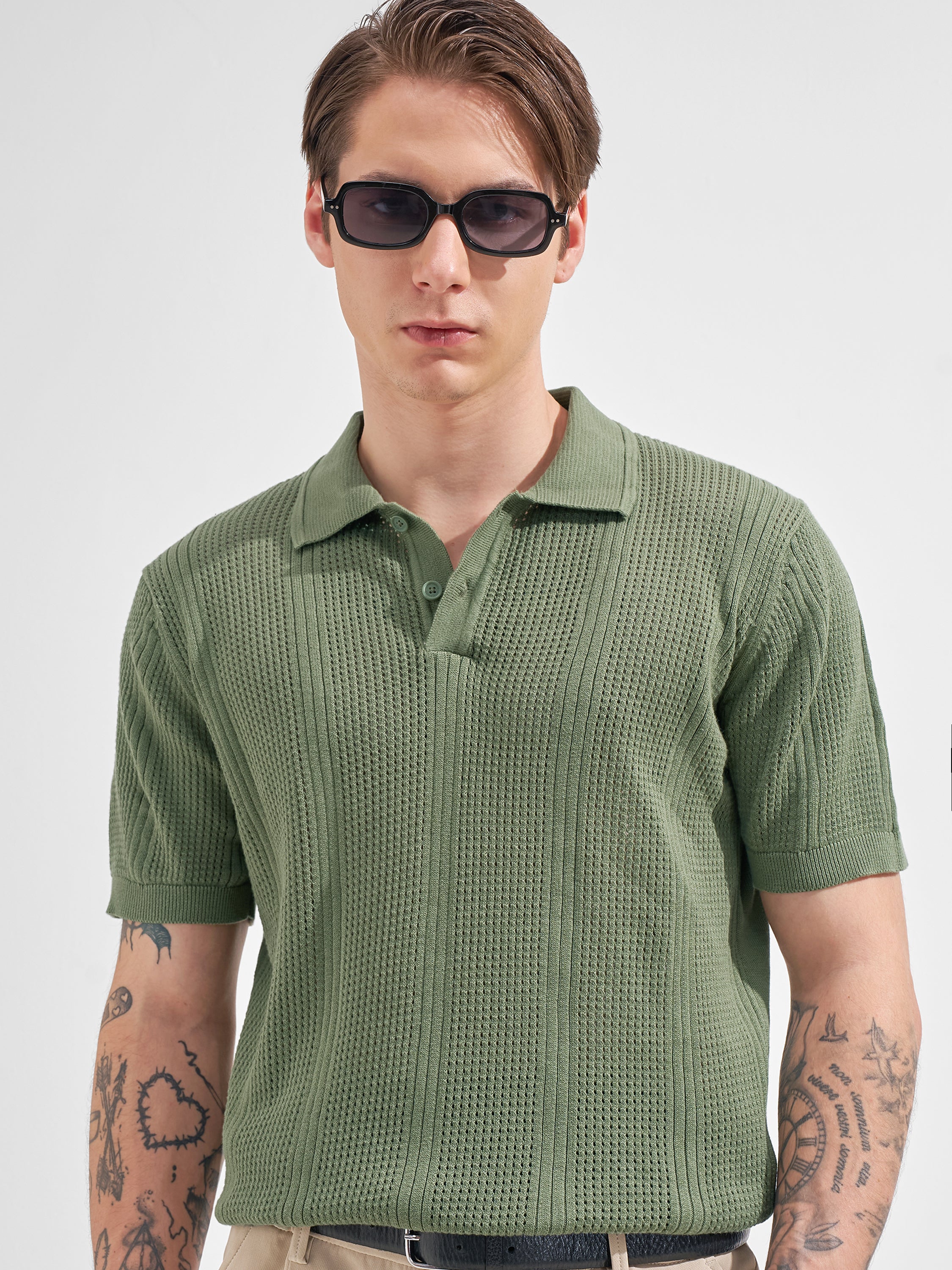 Highlander Men Olive Self Design Polo Collar  T-Shirt