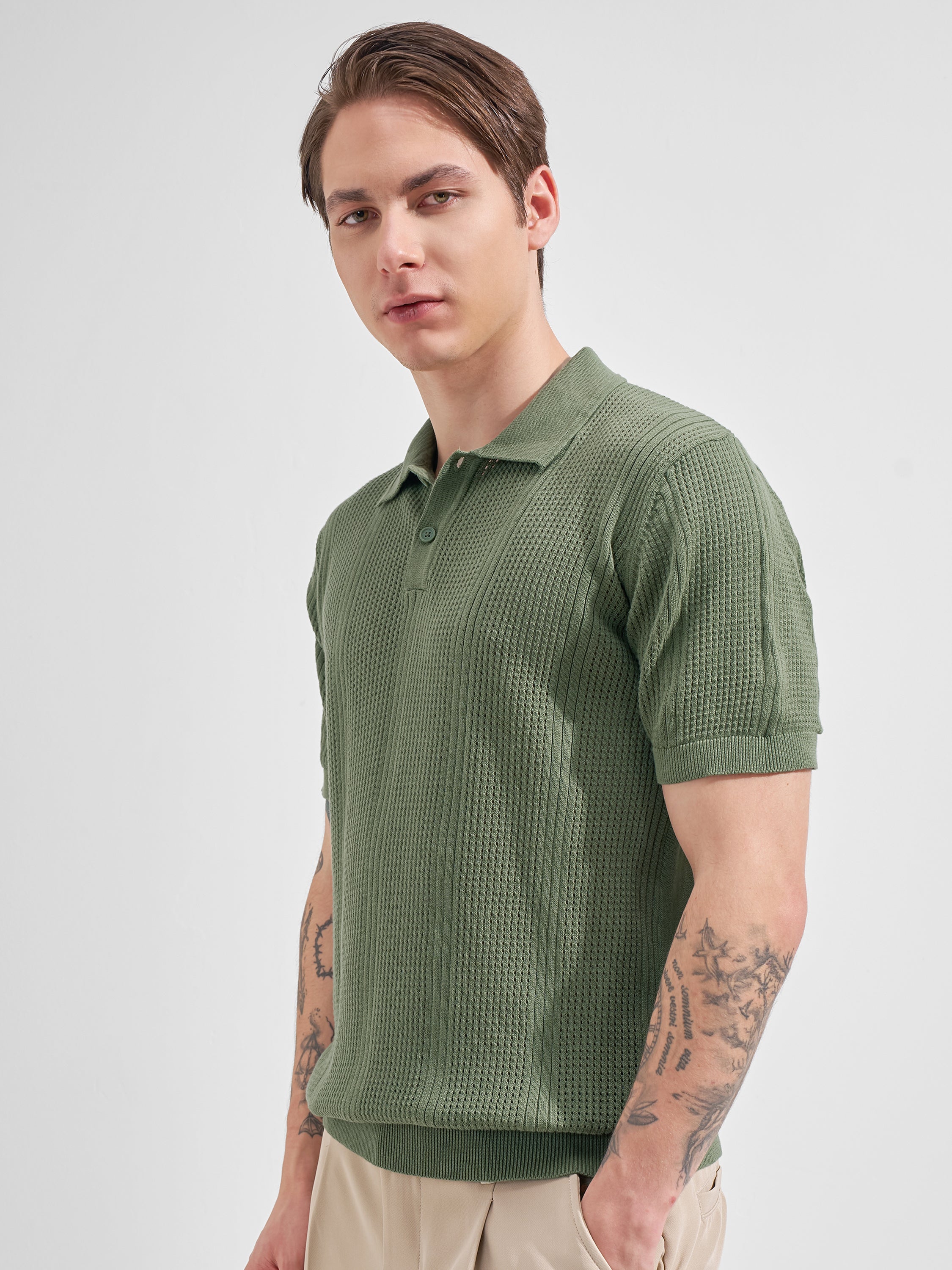 Highlander Men Olive Self Design Polo Collar  T-Shirt