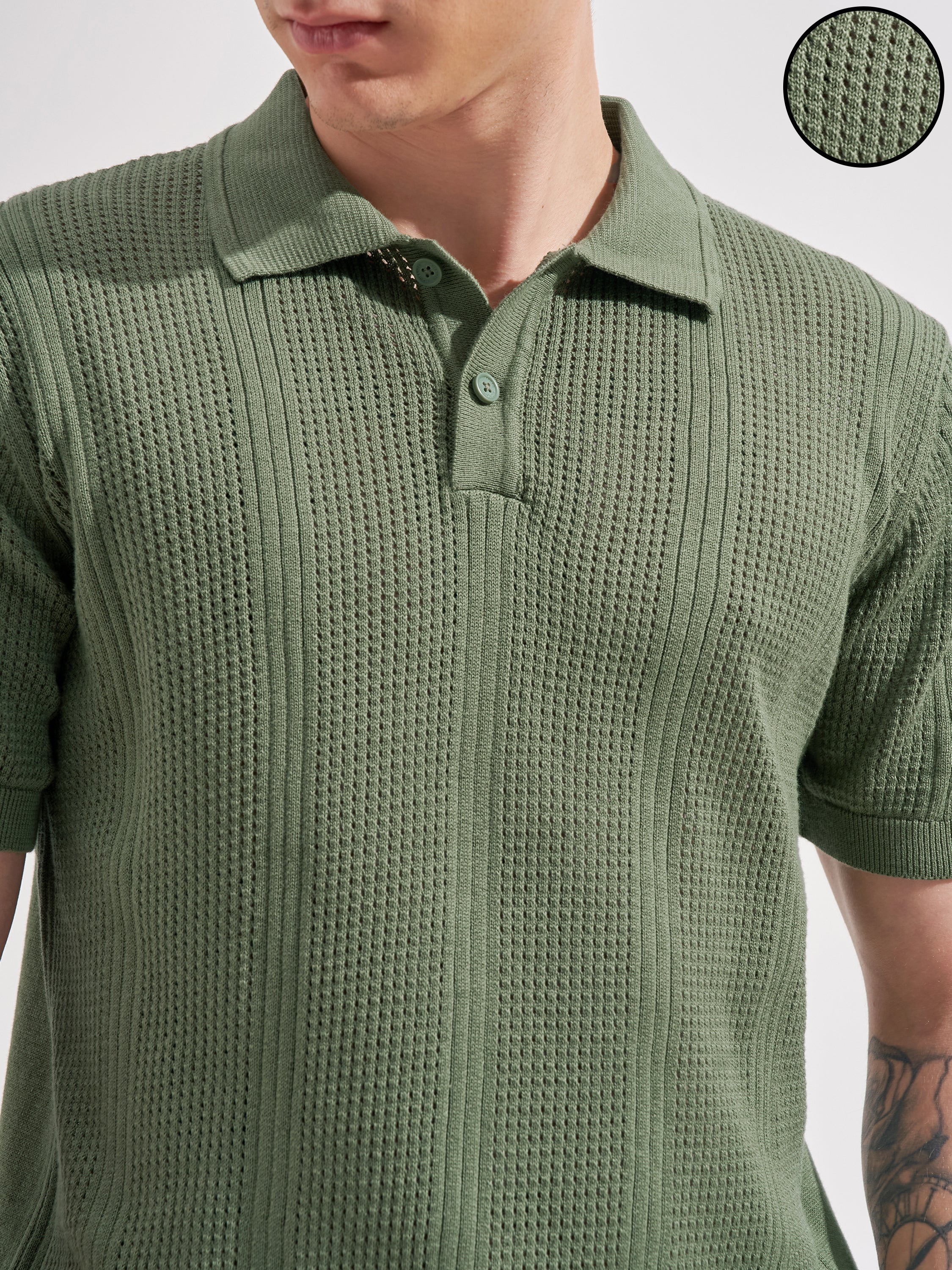 Highlander Men Olive Self Design Polo Collar  T-Shirt