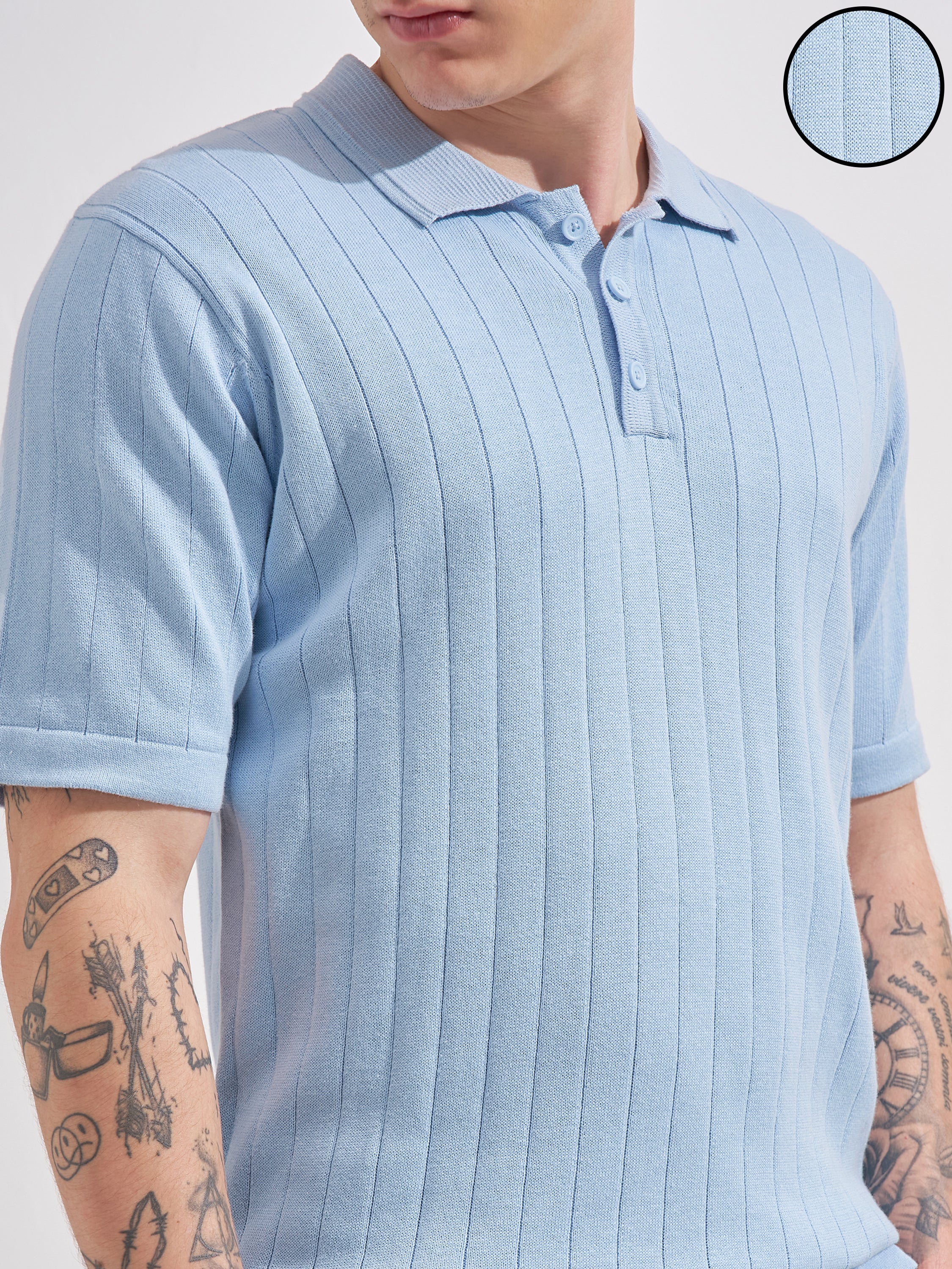 Highlander Men Blue Self Design Polo Collar  T-Shirt