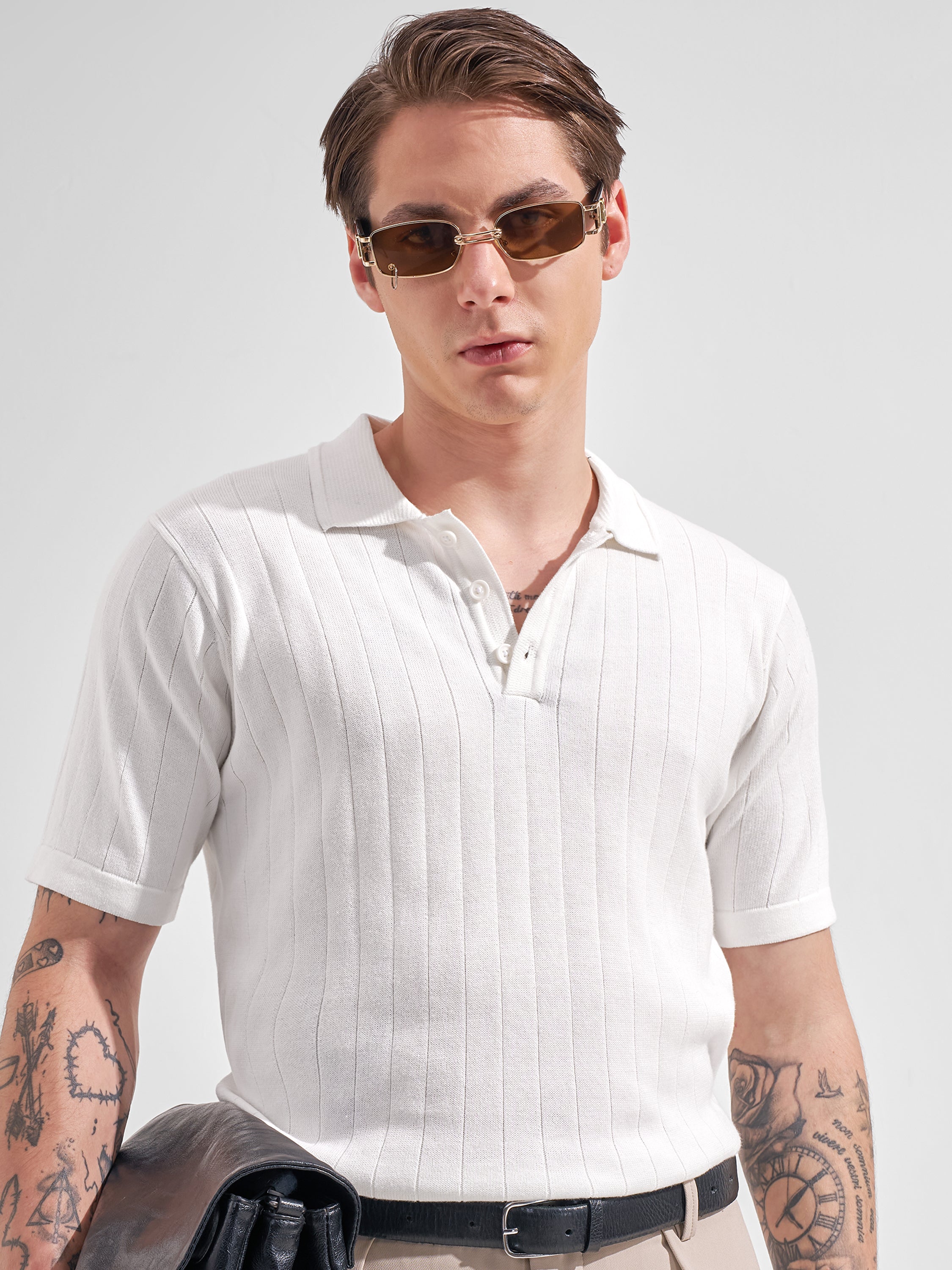 Highlander Men White Self Design Polo Collar  T-Shirt