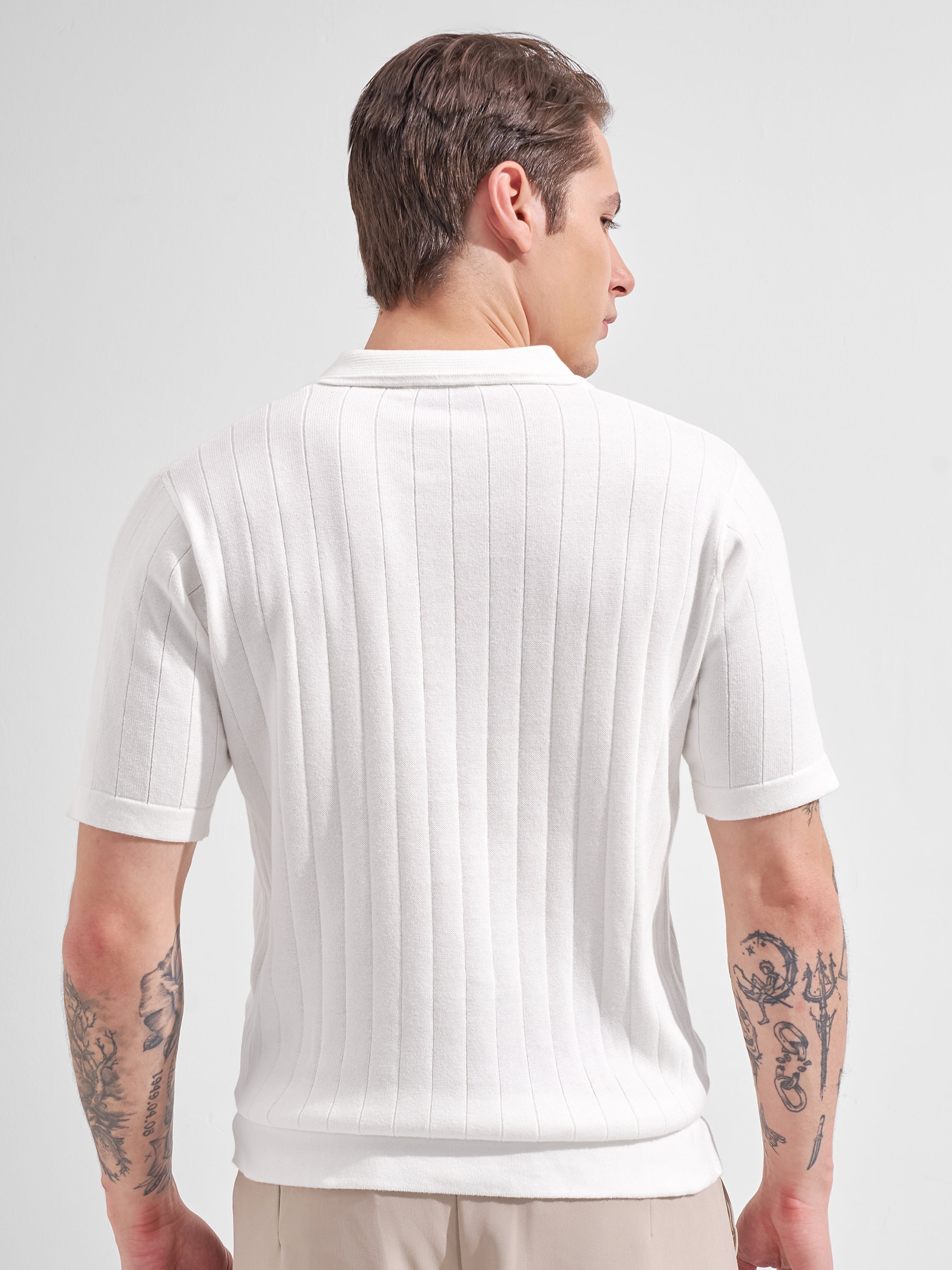 Highlander Men White Self Design Polo Collar  T-Shirt