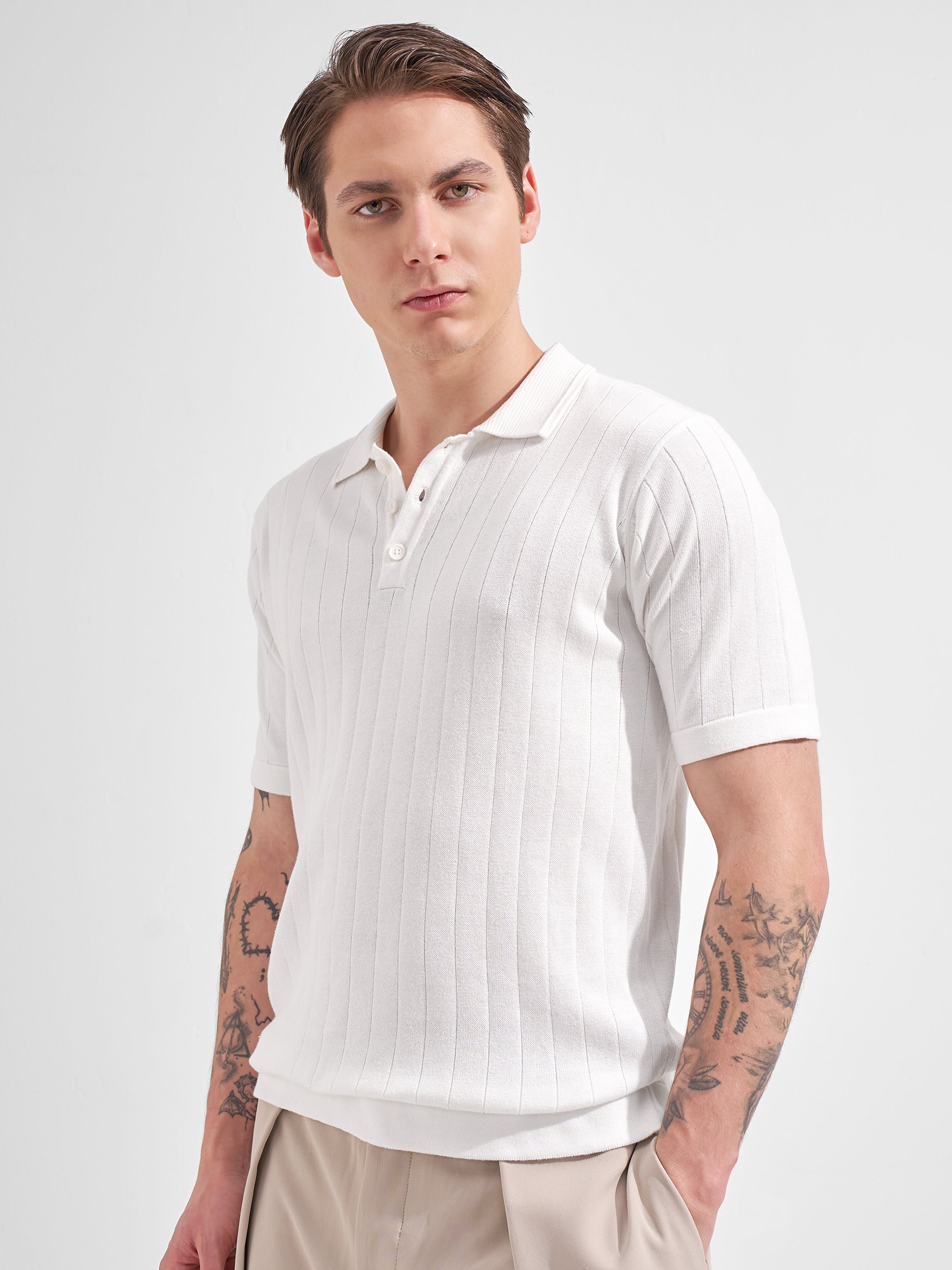 Highlander Men White Self Design Polo Collar  T-Shirt