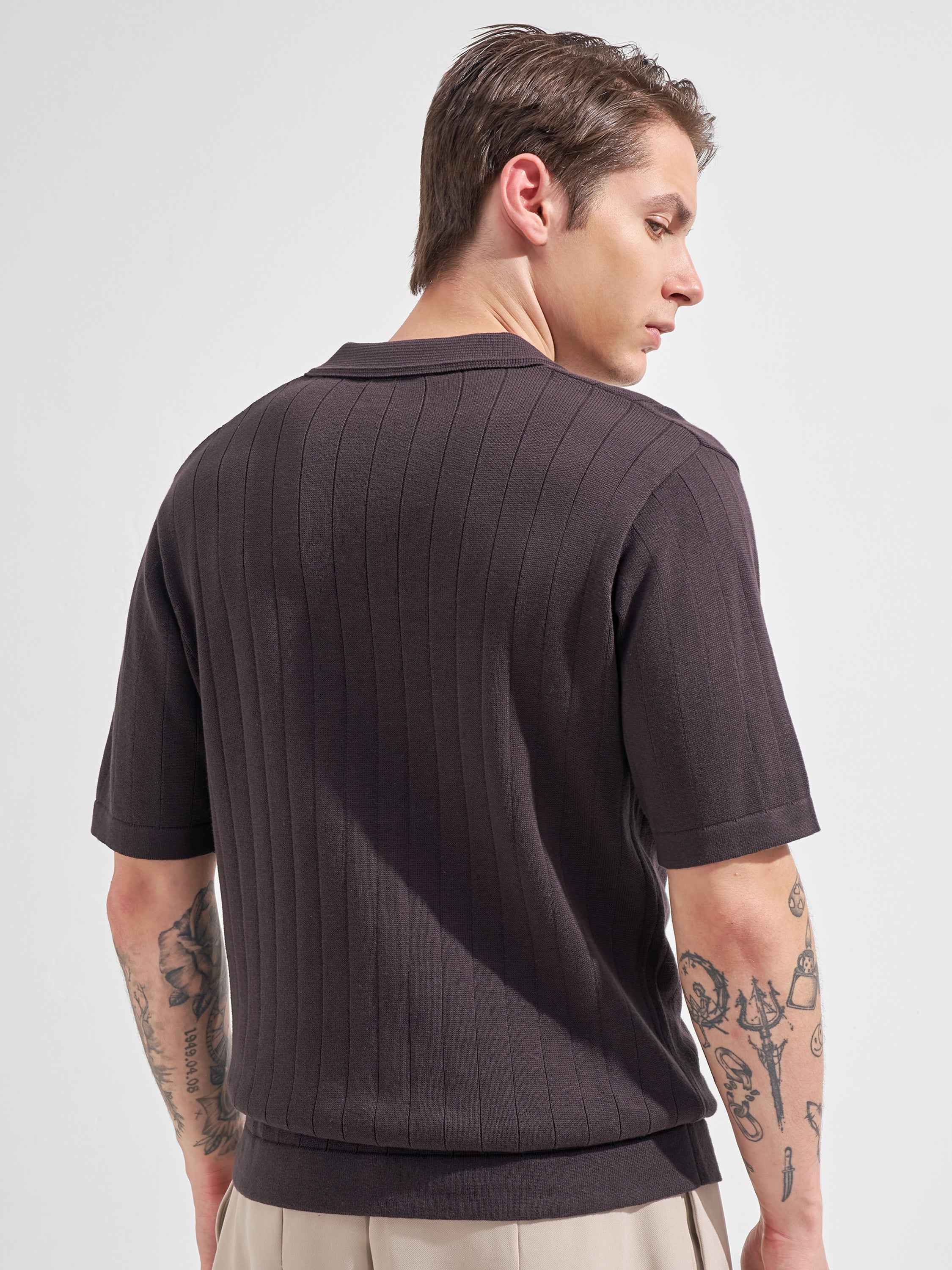 Highlander Men Brown Self Design Polo Collar  T-Shirt