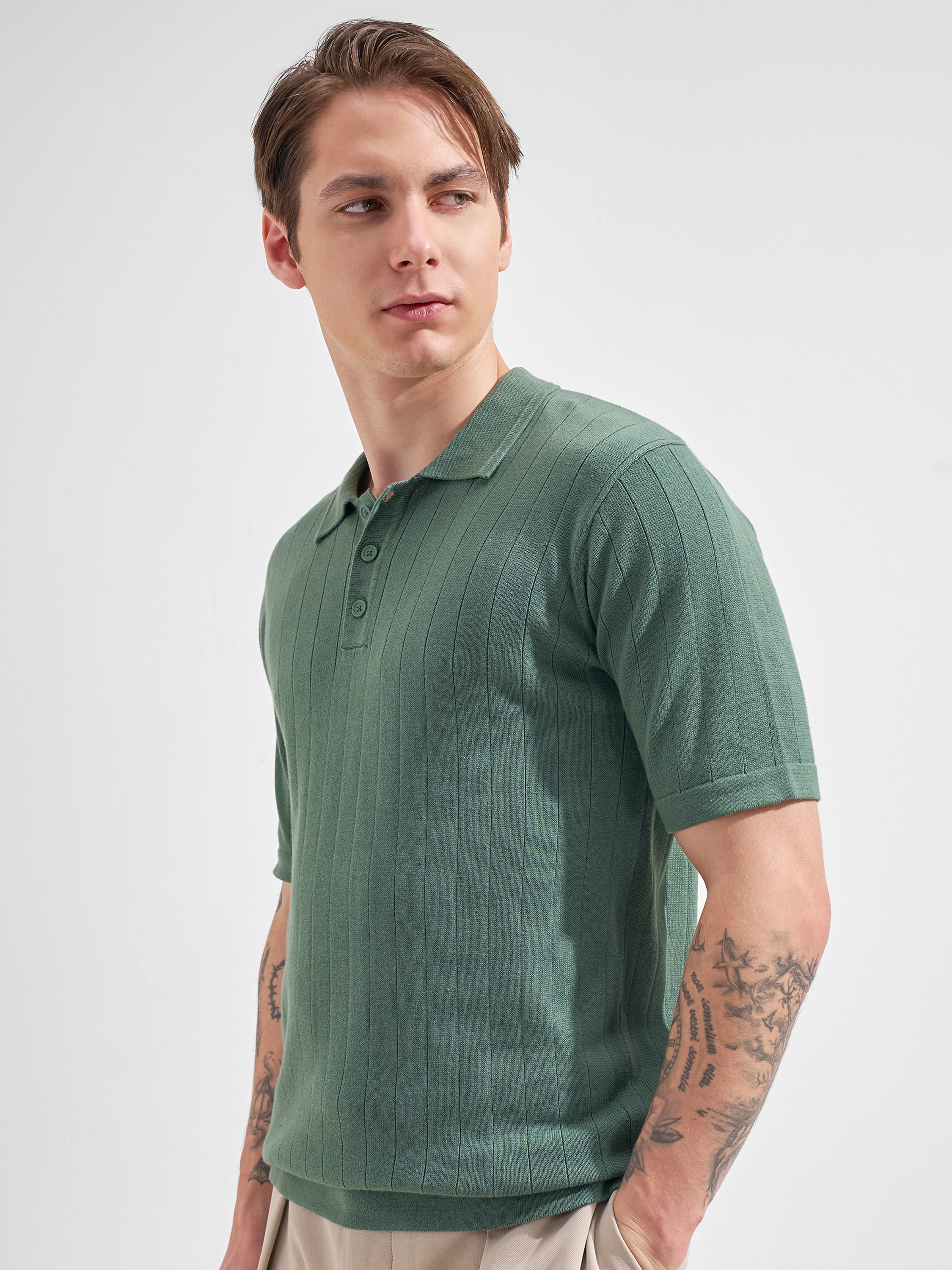 Highlander Men Green Self Design Polo Collar  T-Shirt