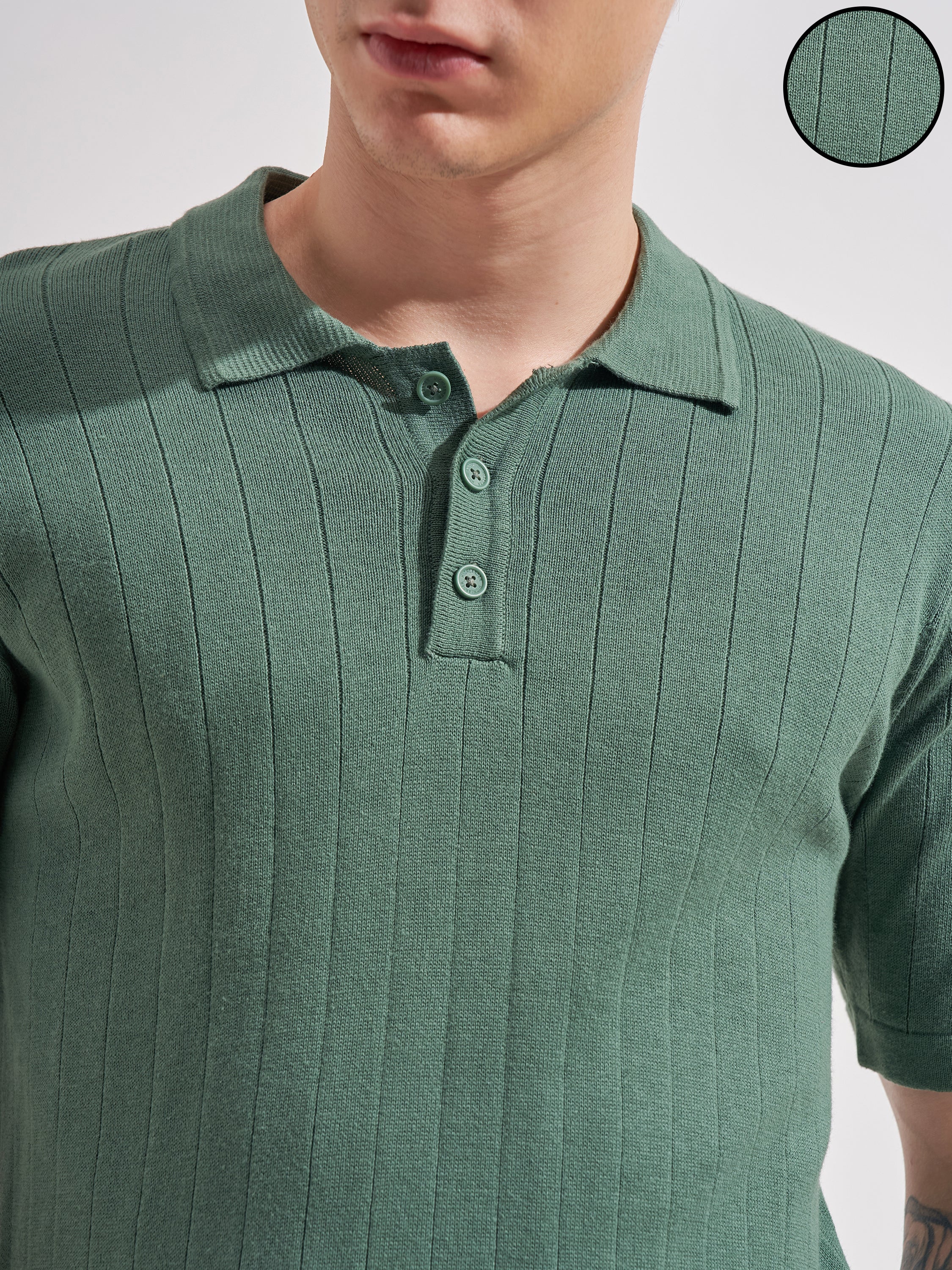 Highlander Men Green Self Design Polo Collar  T-Shirt