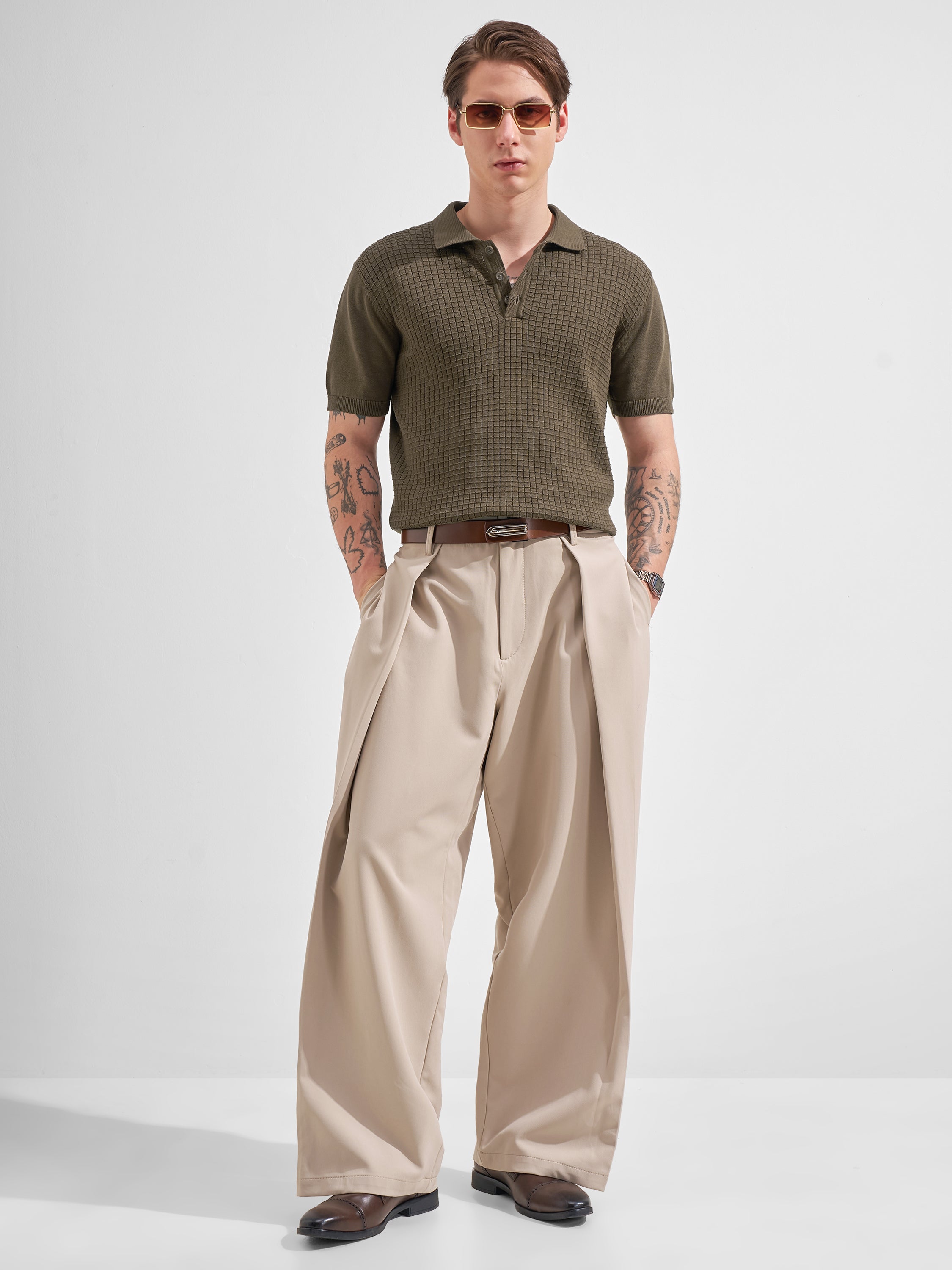 Highlander Men Olive Self Design Polo Collar  T-Shirt