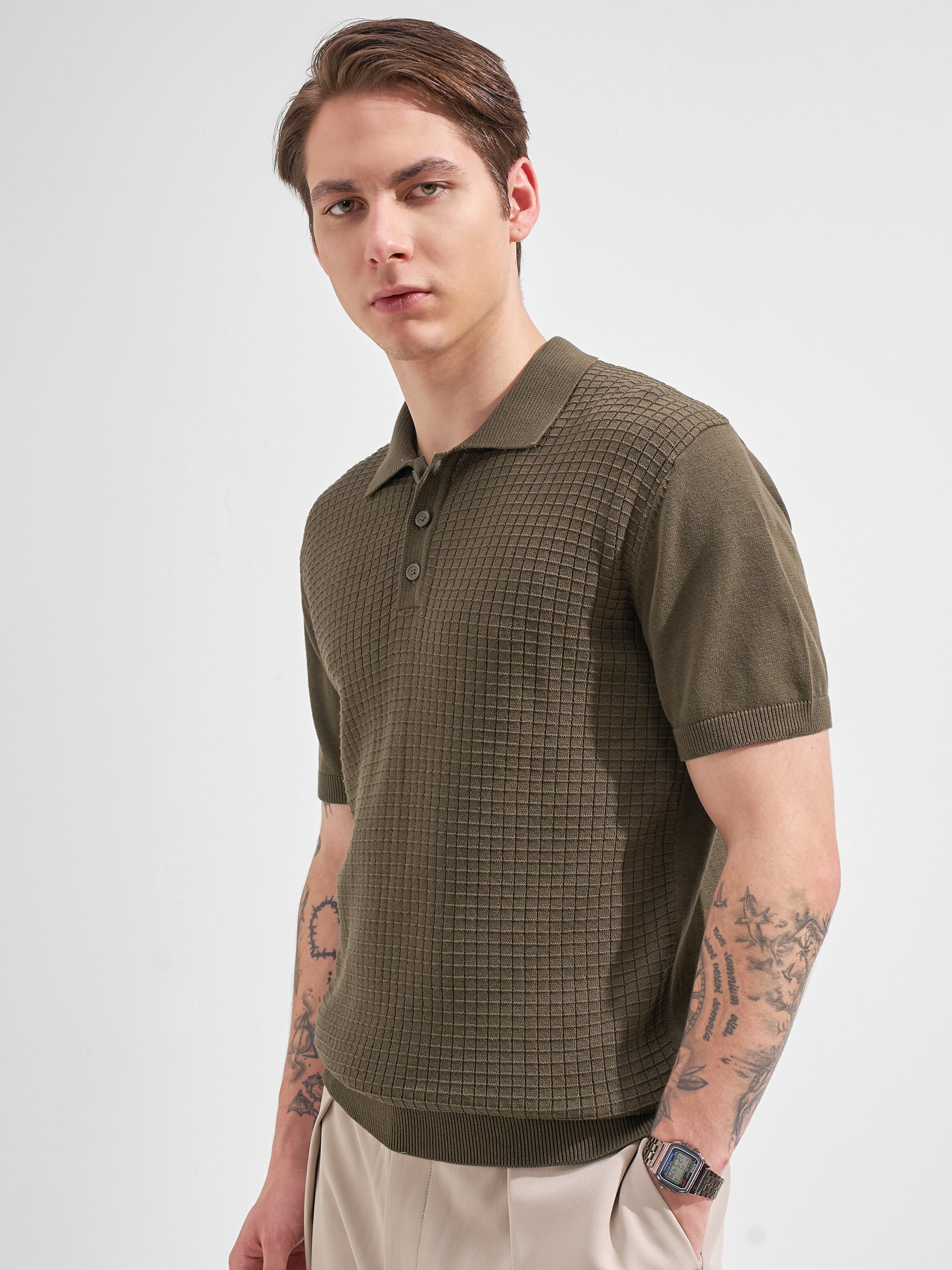 Highlander Men Olive Self Design Polo Collar  T-Shirt