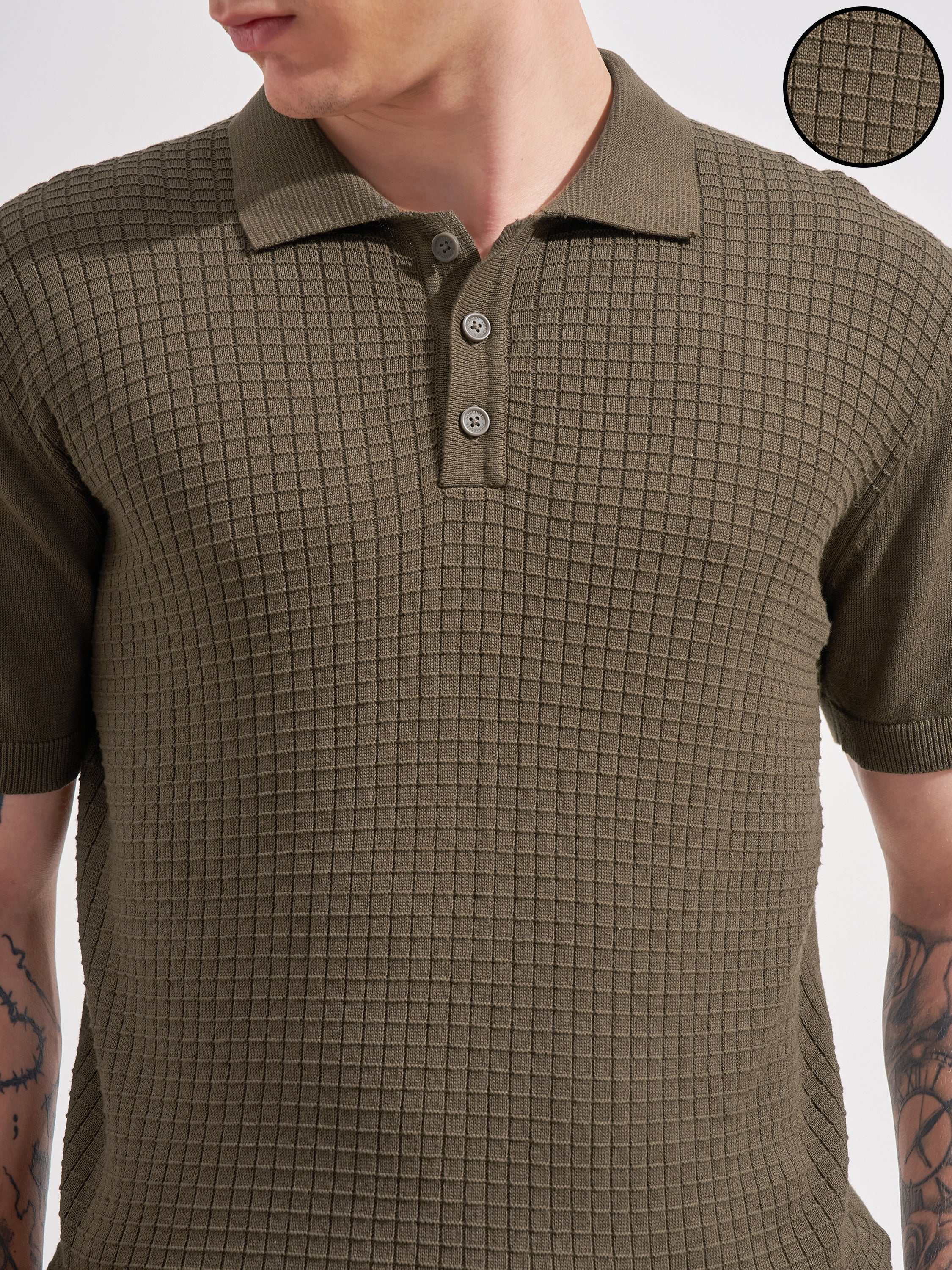Highlander Men Olive Self Design Polo Collar  T-Shirt