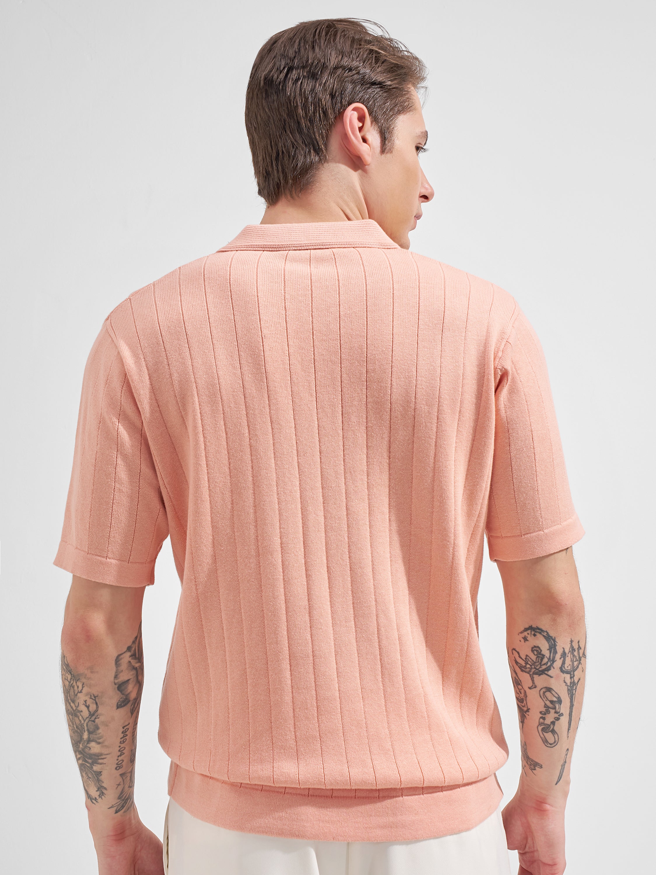 Highlander Men Pink Self Design Polo Collar  T-Shirt