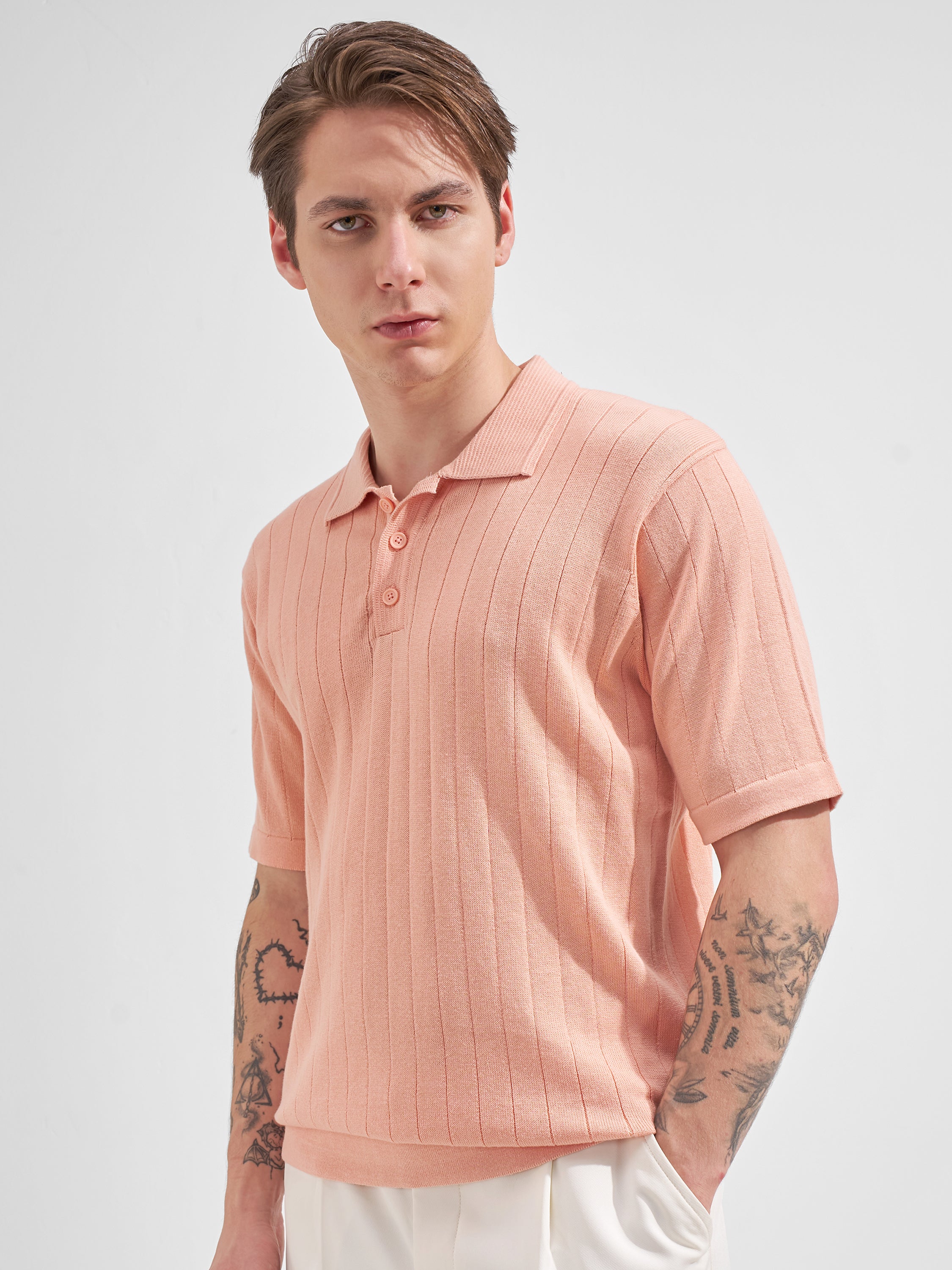 Highlander Men Pink Self Design Polo Collar  T-Shirt