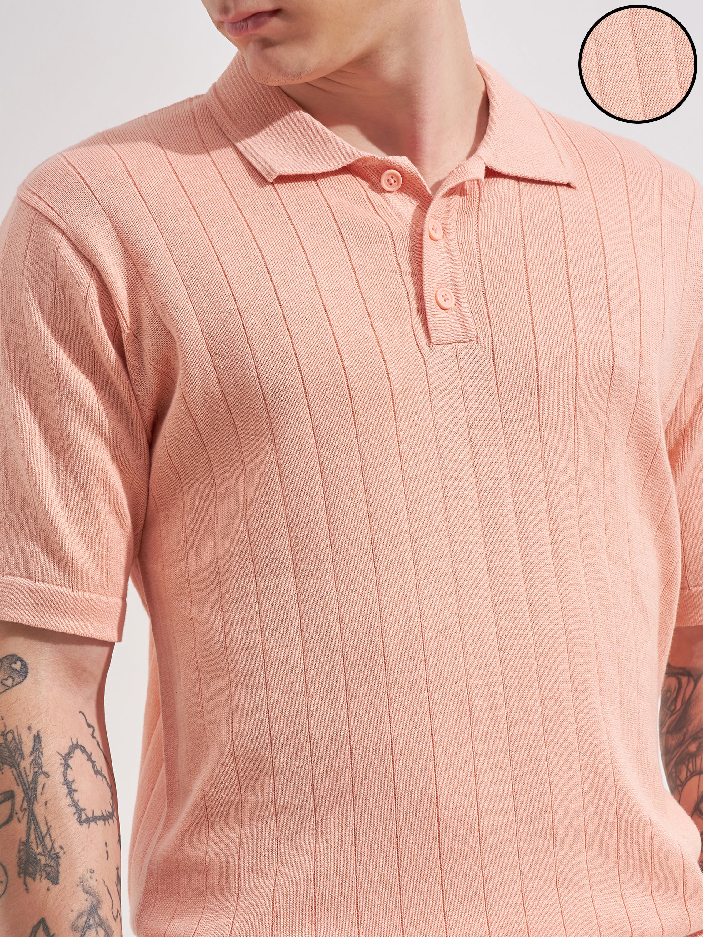 Highlander Men Pink Self Design Polo Collar  T-Shirt