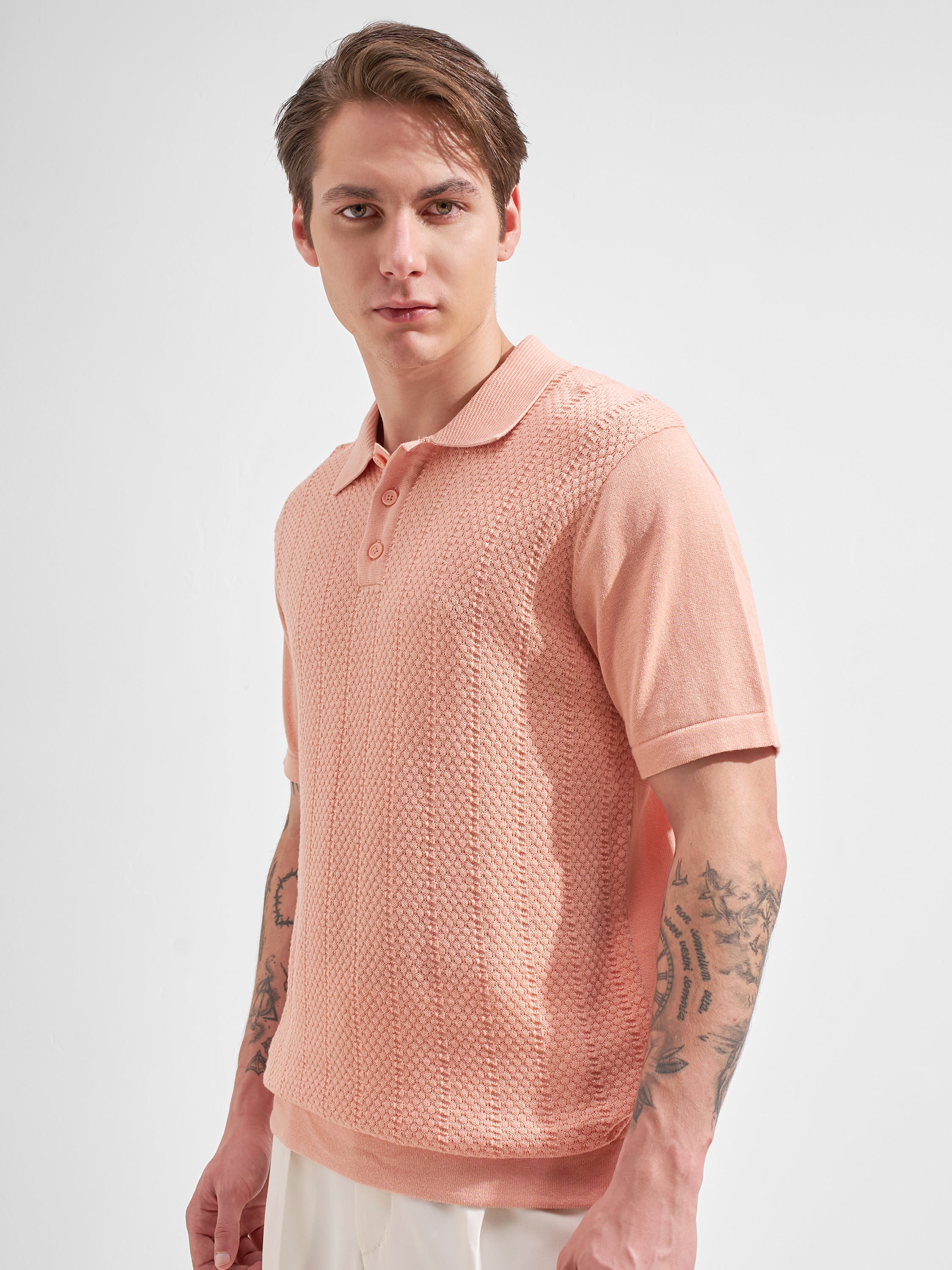 Highlander Men Pink Self Design Polo Collar  T-Shirt