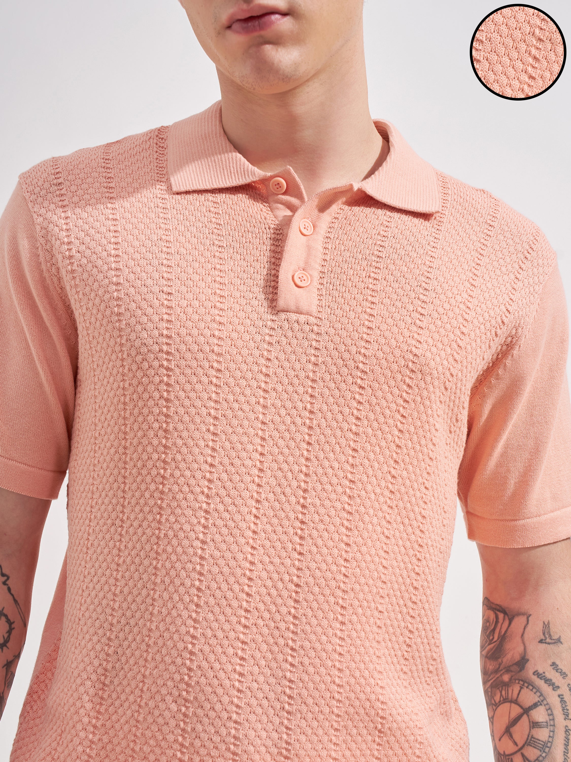 Highlander Men Pink Self Design Polo Collar  T-Shirt
