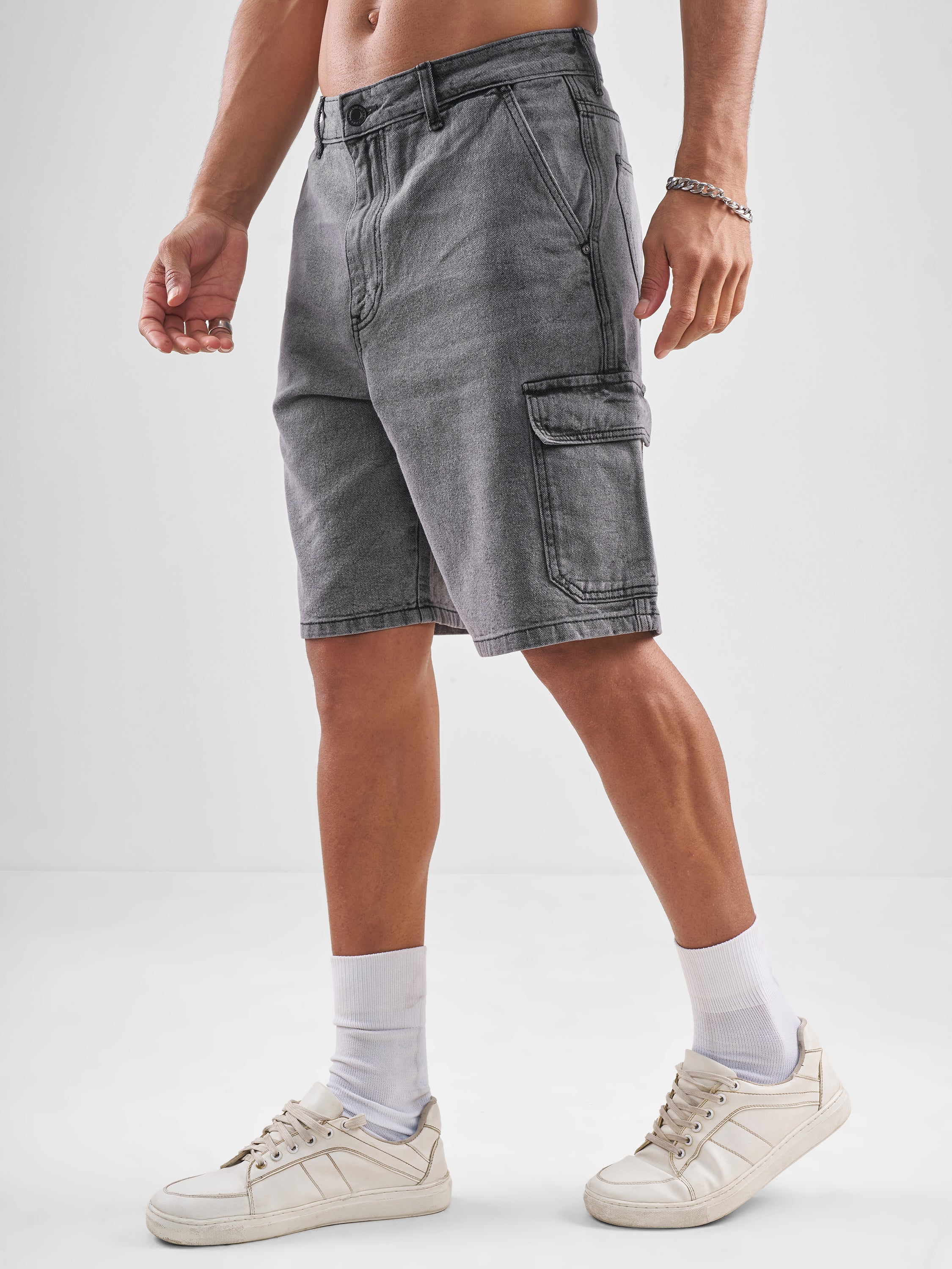 Highlander Men Grey Regular Fit Denim Shorts - Grey - Image 4