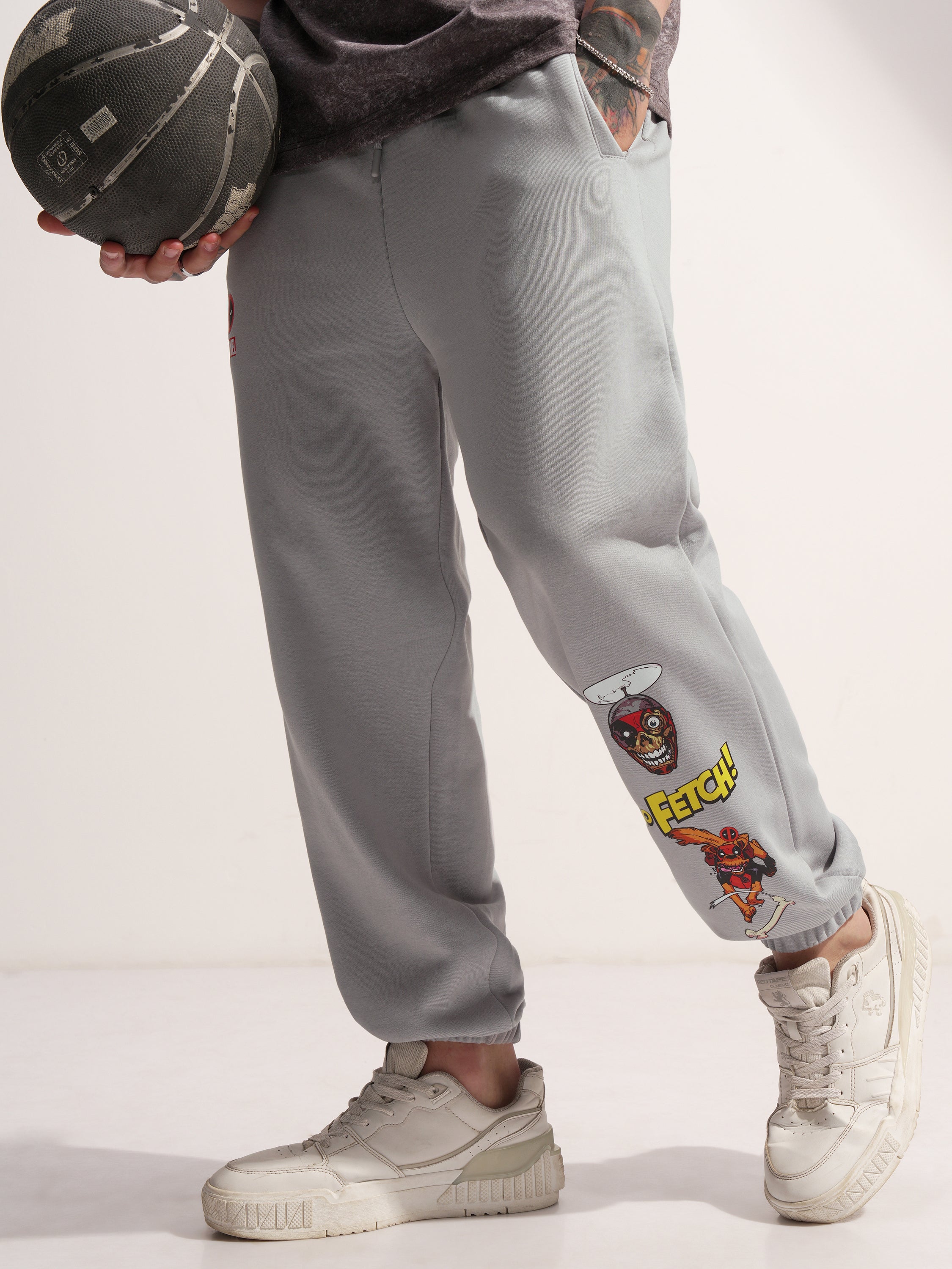 Marvel By Highlander Men Grey Dogpool Printed Baggy Fit Joggers - Grey - Image 1