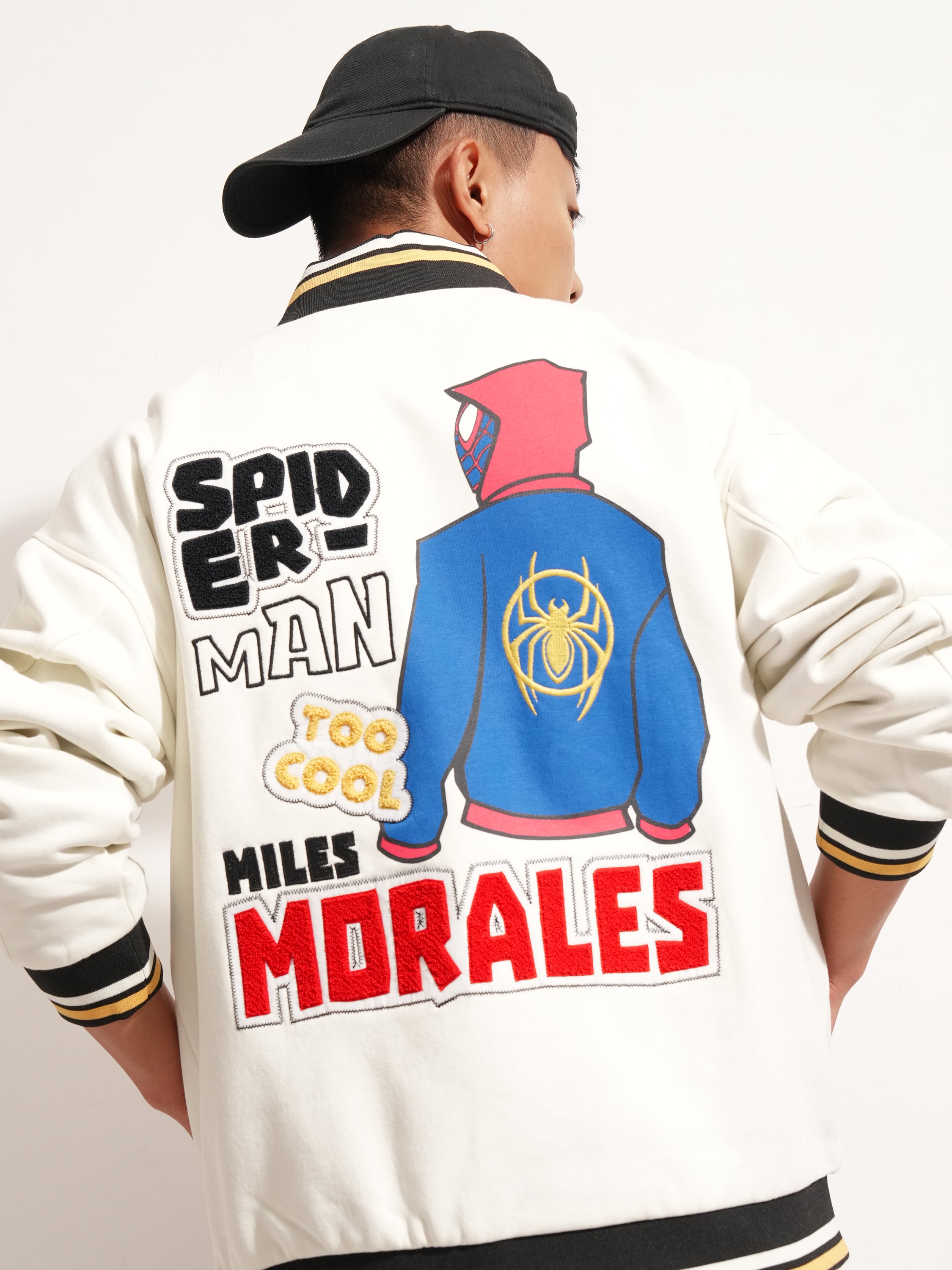 Marvel By Highlander Men White Spider-Man Printed Varsity Jacket - White - Image 1