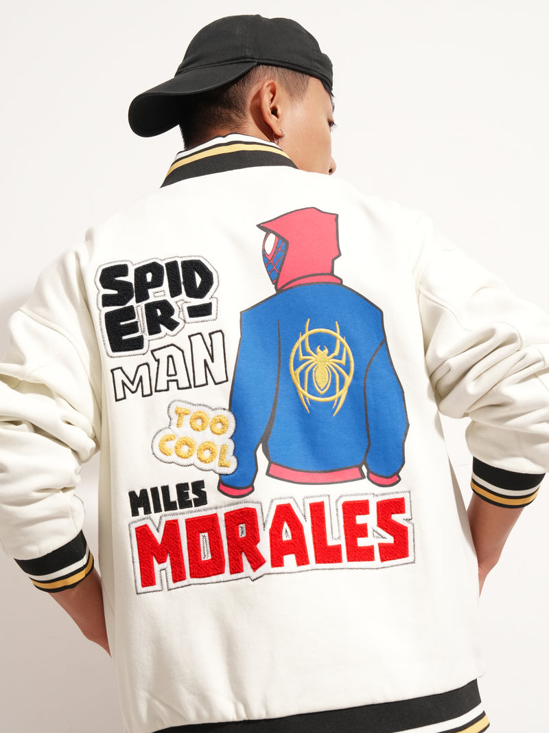 Marvel By Highlander Men White Spider-Man Printed Varsity Jacket - White - Image 1