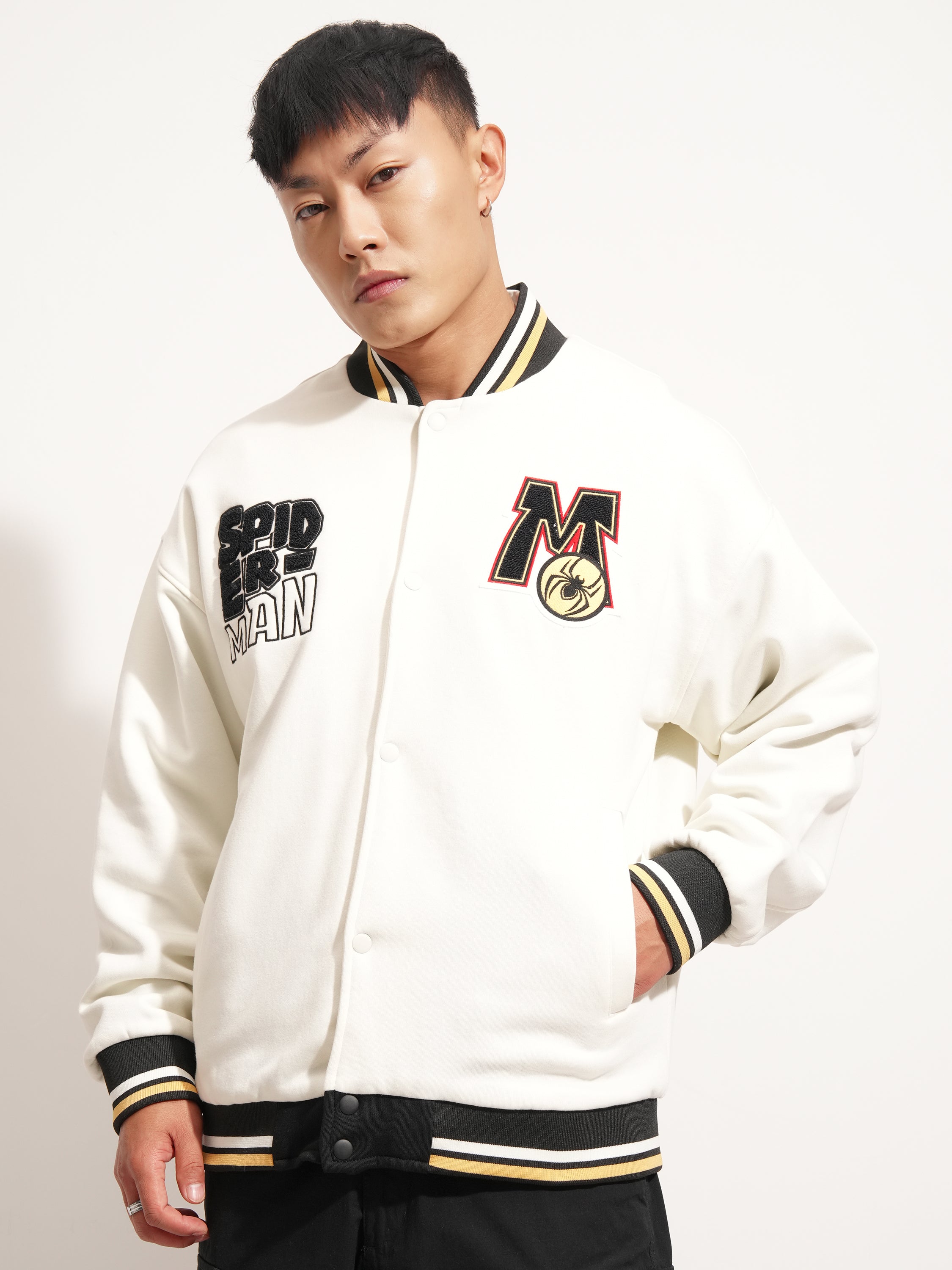 Marvel By Highlander Men White Spider-Man Printed Varsity Jacket - White - Image 3