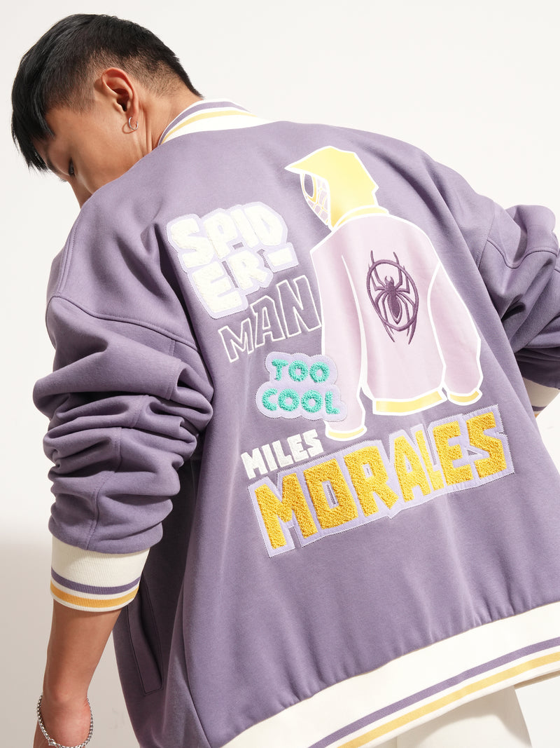 Marvel By Highlander Men Purple Spider-Man Printed Varsity Jacket - Purple - Image 1