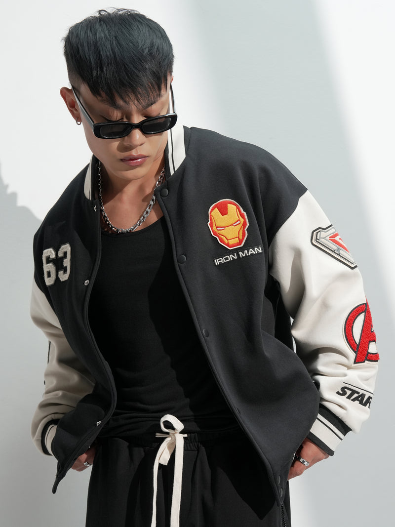 Marvel By Highlander Men Black Iron Man Printed Varsity Jacket - Black - Image 1
