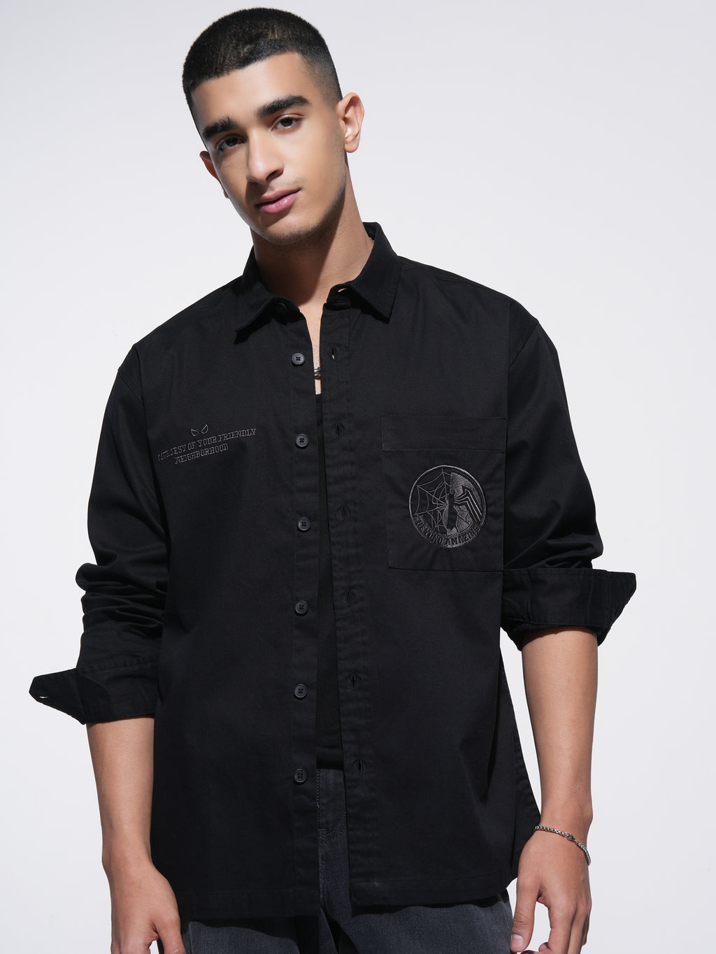 Marvel By Highlander Men Black Spider-Man Printed Oversized Fit Casual Shirt - Black - Image 3