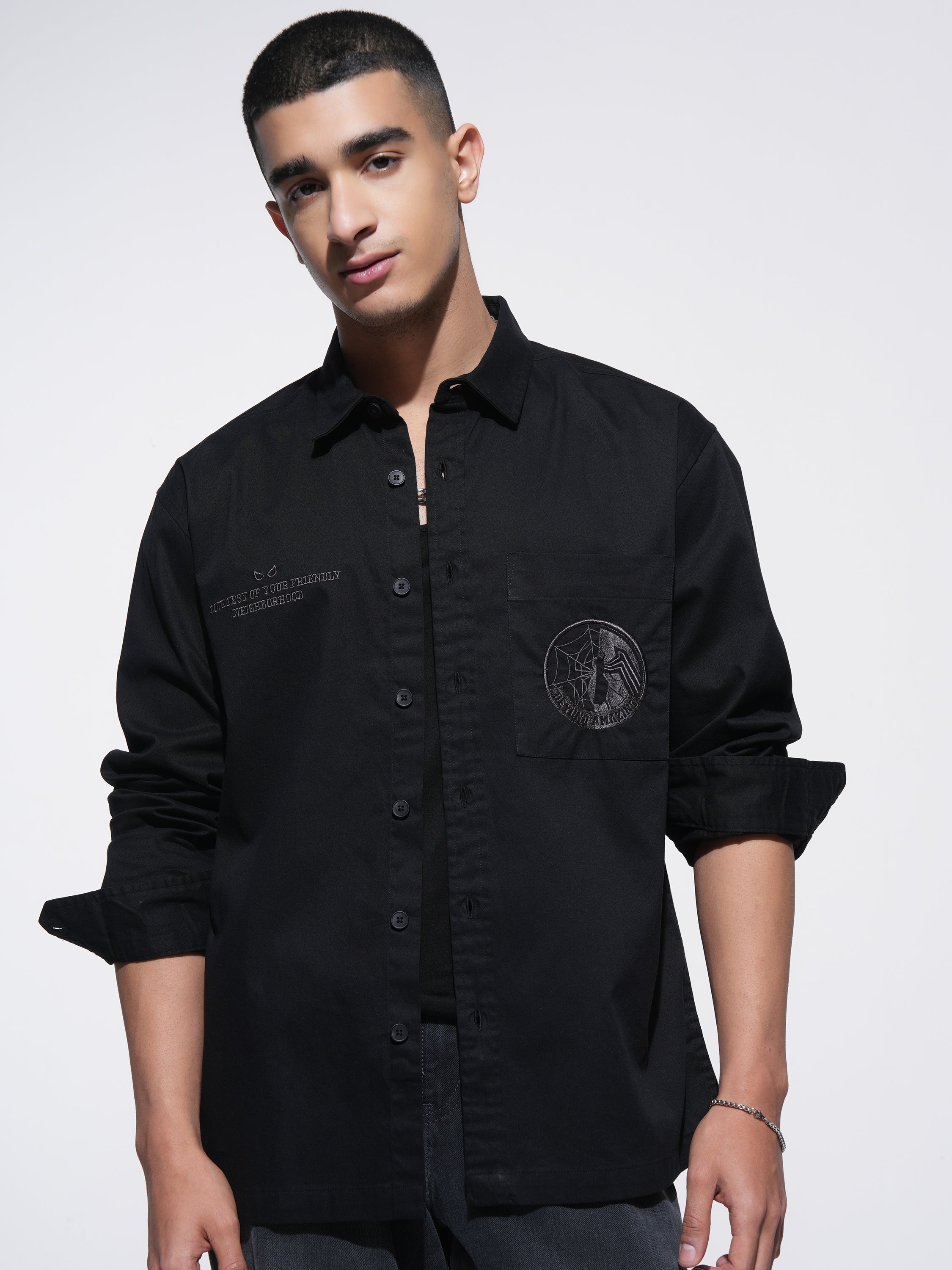 Marvel By Highlander Men Black Spider-Man Printed Oversized Fit Casual Shirt - Black - Image 3