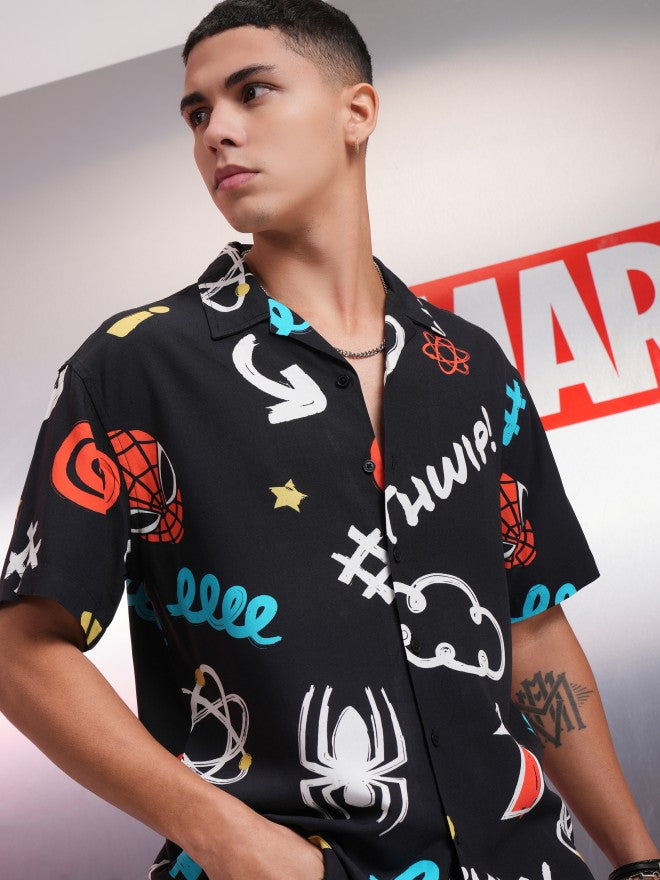 Marvel By Highlander Men Black Spider-Man Printed Relaxed Fit Casual Shirt - Black - Image 1