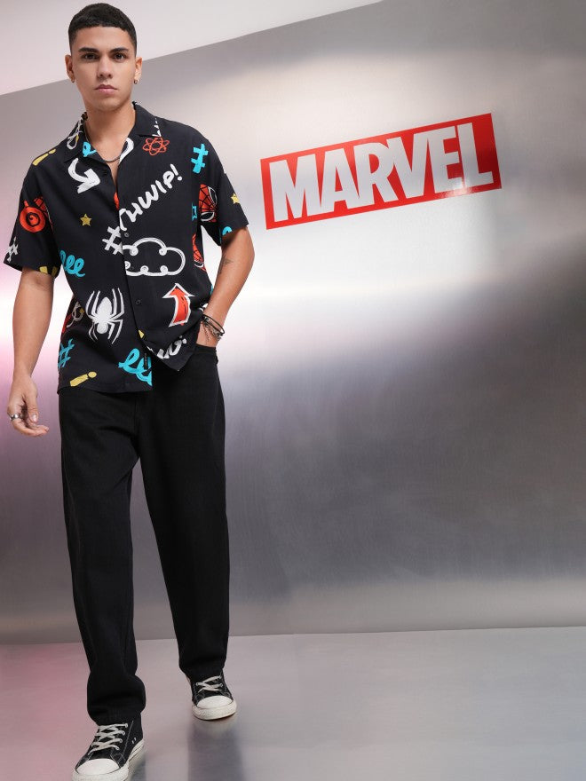 Marvel By Highlander Men Black Spider-Man Printed Relaxed Fit Casual Shirt - Black - Image 2