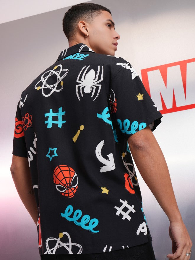 Marvel By Highlander Men Black Spider-Man Printed Relaxed Fit Casual Shirt - Black - Image 3