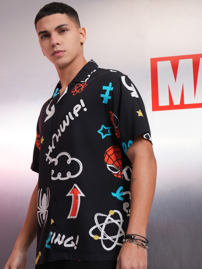 Marvel By Highlander Men Black Spider-Man Printed Relaxed Fit Casual Shirt - Black - Image 4