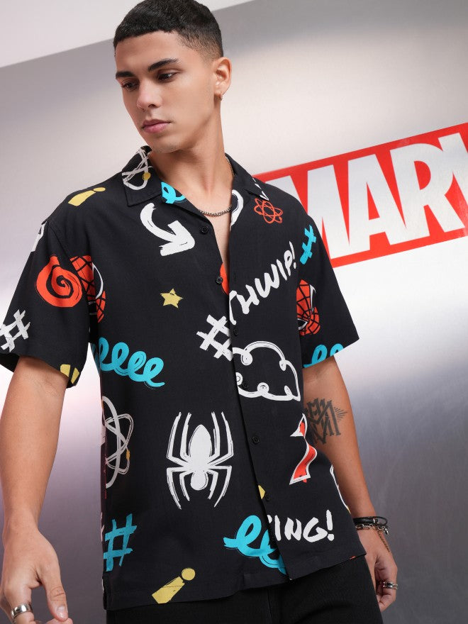 Marvel By Highlander Men Black Spider-Man Printed Relaxed Fit Casual Shirt - Black - Image 6