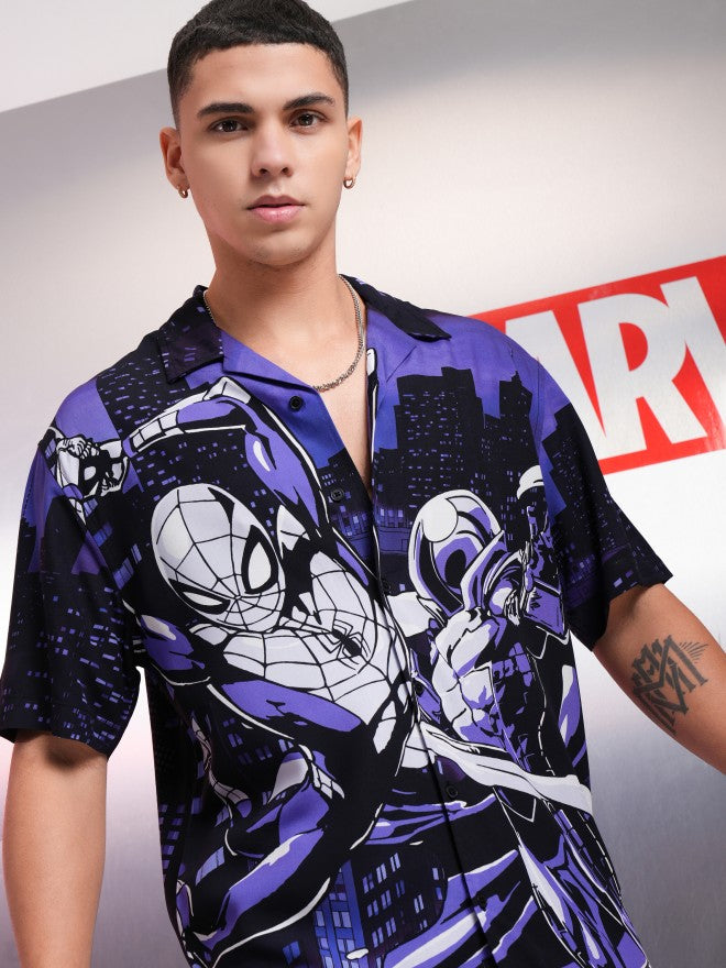 Marvel By Highlander Men Black Spider-Man Printed Relaxed Fit Casual Shirt - Black - Image 1