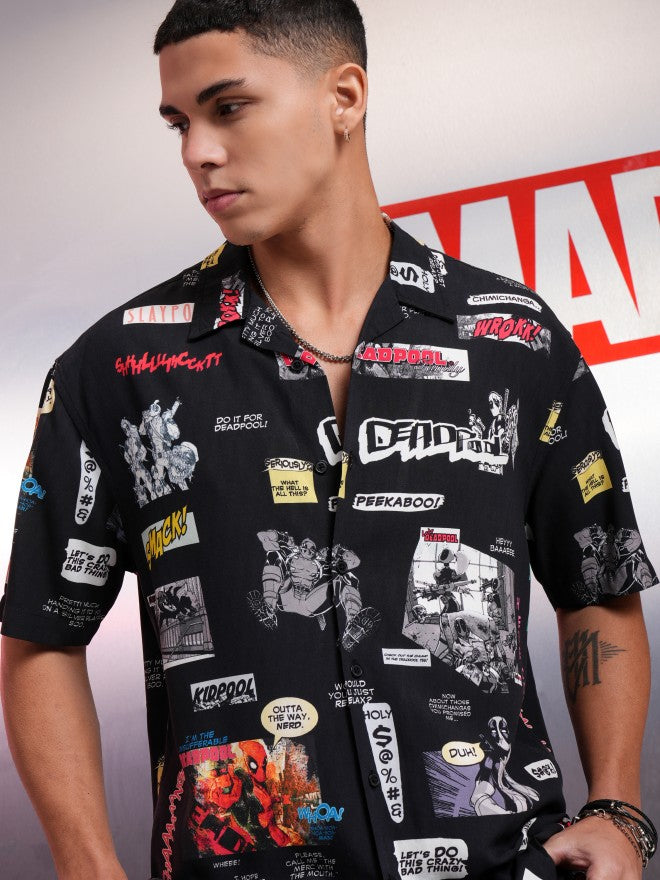Marvel By Highlander Men Black Deadpool Printed Relaxed Fit Casual Shirt - Black - Image 1