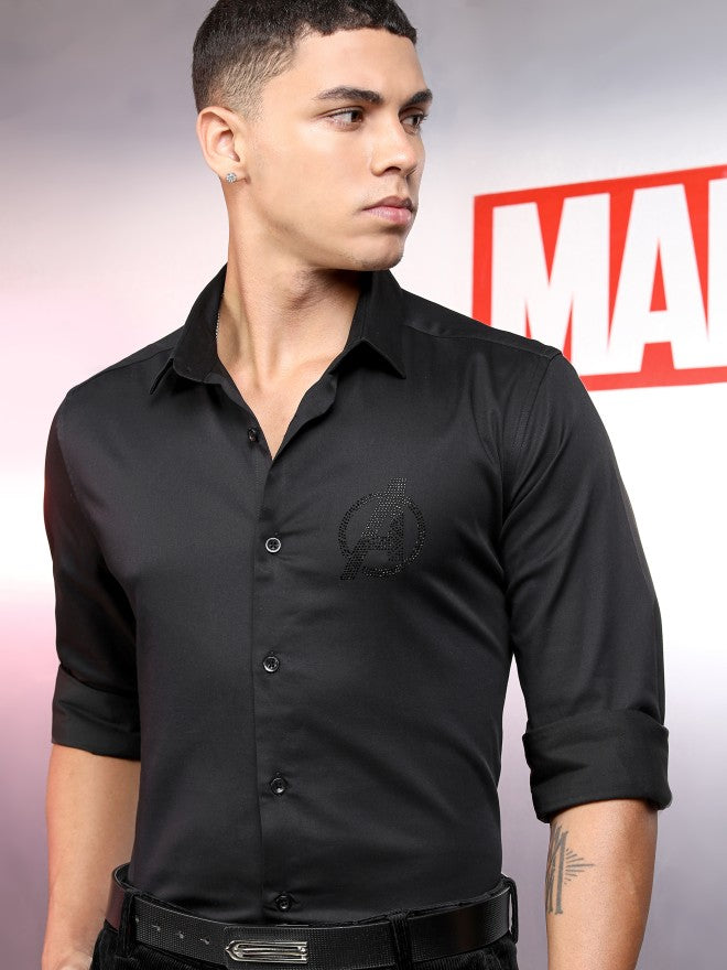 Marvel By Highlander Men Black Avengers Solid Slim Fit Casual Shirt - Black - Image 1