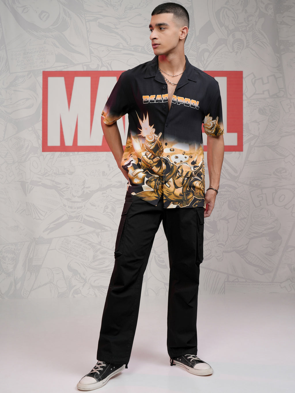 Marvel By Highlander Men Black Deadpool Printed Relaxed Fit Casual Shirt - Black - Image 2