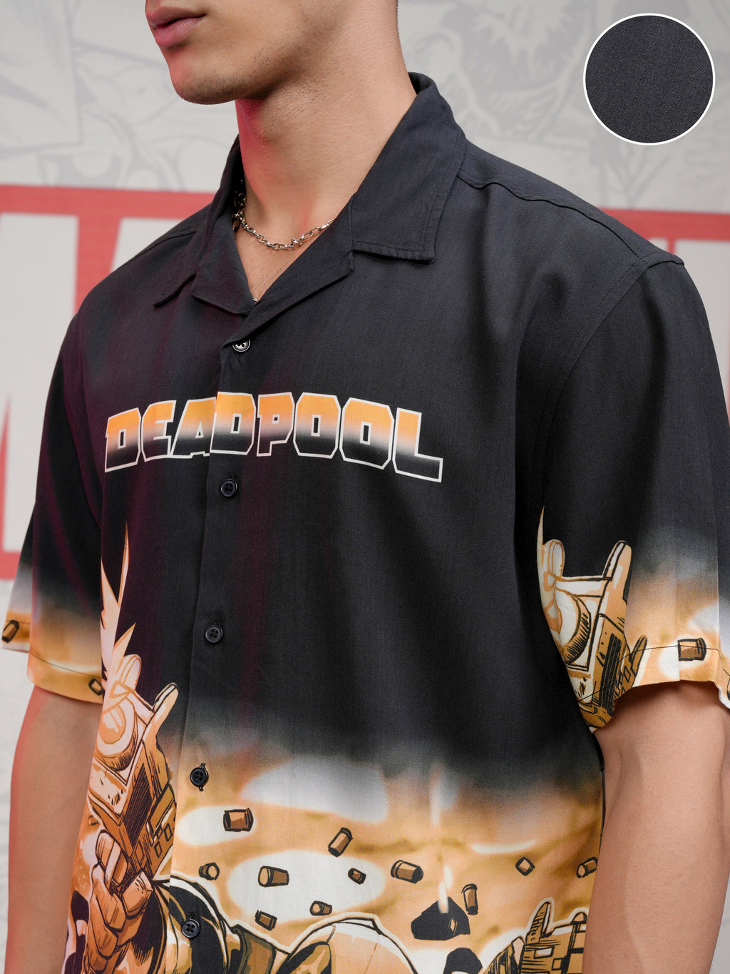 Marvel By Highlander Men Black Deadpool Printed Relaxed Fit Casual Shirt - Black - Image 5