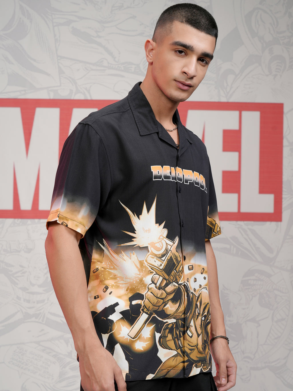 Marvel By Highlander Men Black Deadpool Printed Relaxed Fit Casual Shirt - Black - Image 6
