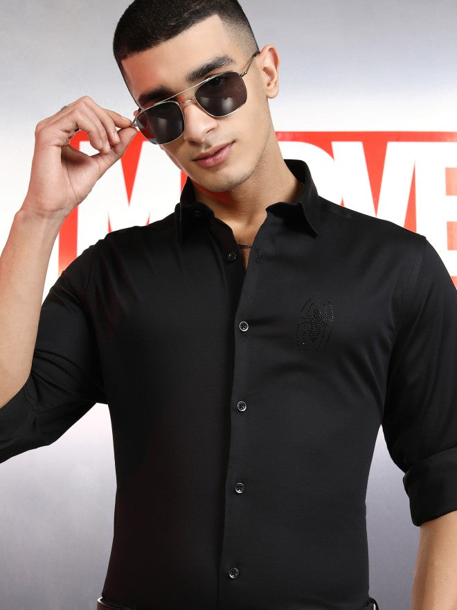 Marvel By Highlander Men Black Spider-Man Embellished Slim Fit Casual Shirt - Black - Image 1
