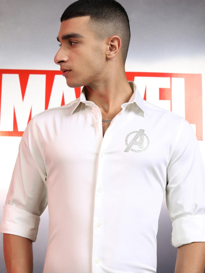 Marvel By Highlander Men White Avengers Embellished Slim Fit Casual Shirt - White - Image 1