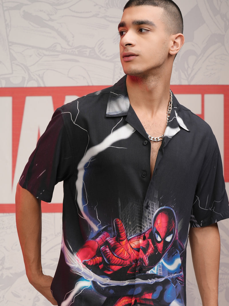 Marvel By Highlander Men Black Spider-Man Printed Relaxed Fit Casual Shirt - Black - Image 1