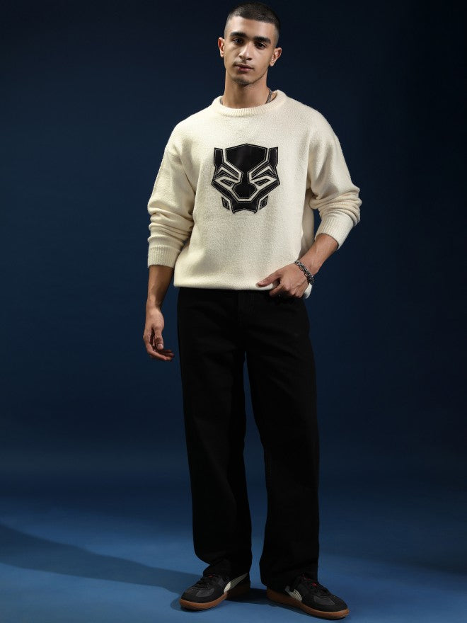Marvel By Highlander Men Off White Black Panther Round Neck Pullover Sweater - Off White - Image 2