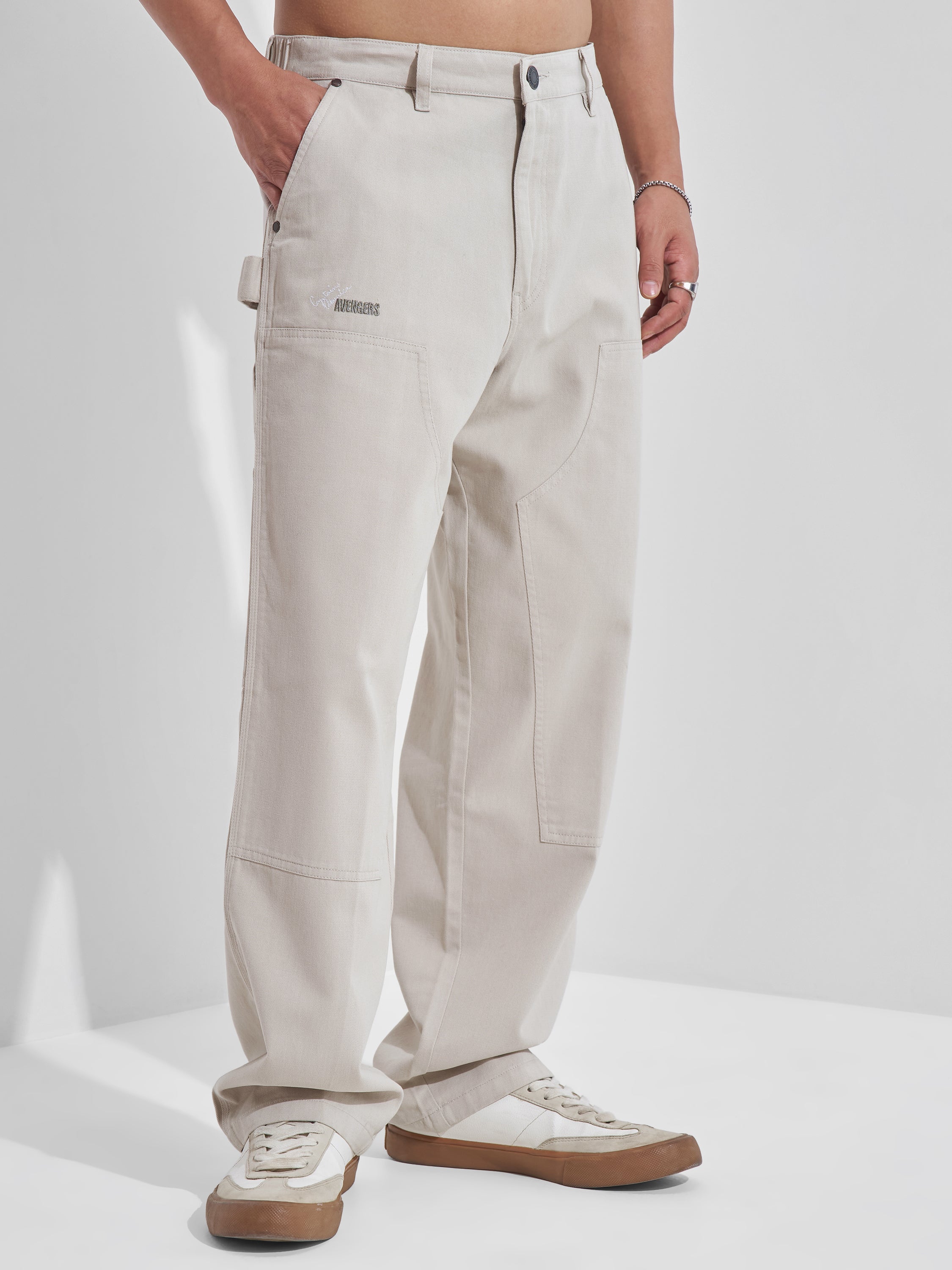 Marvel By Highlander Men Beige Avengers Baggy Fit Solid Cargos - Beige - Image 1