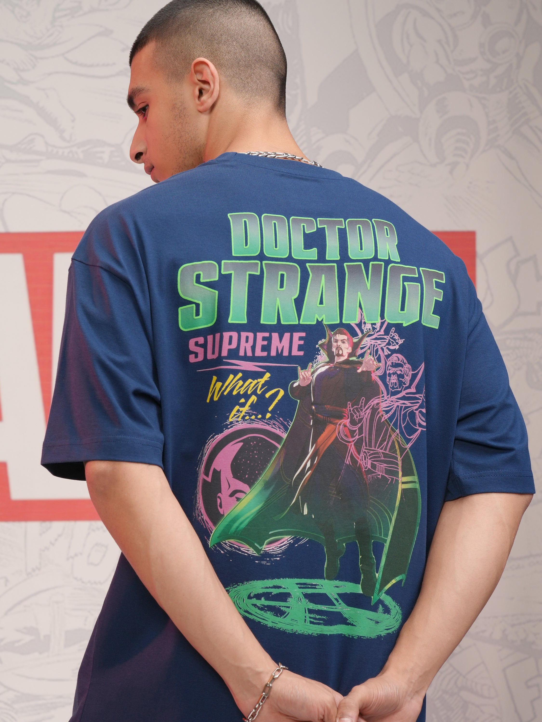 Marvel By Highlander Men Navy Blue Doctor Strange Printed Round Neck Oversized Fit T-Shirt - Navy Blue - Image 1