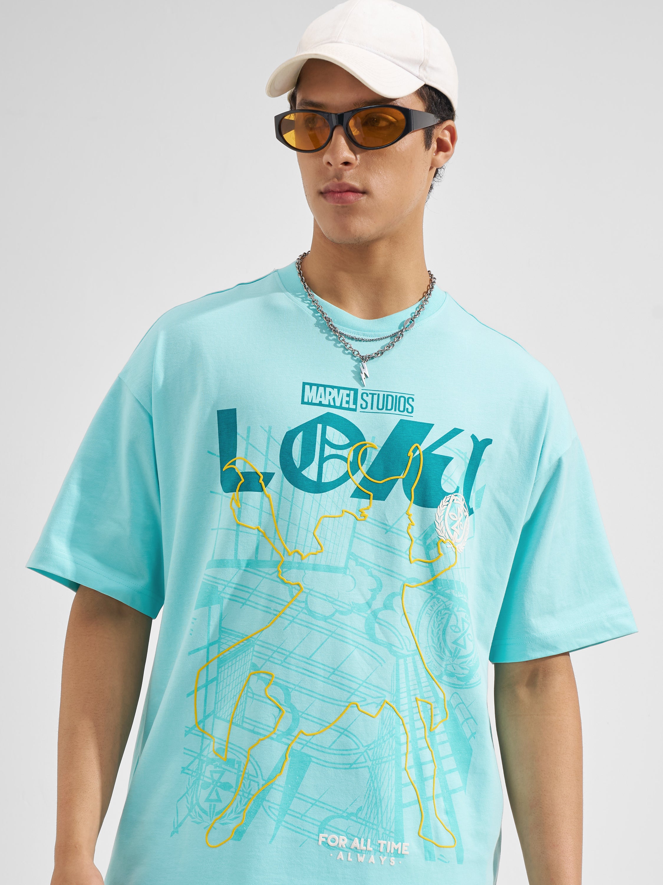 Marvel By Highlander Men Blue Loki Printed Round Neck Oversized Fit T-Shirt