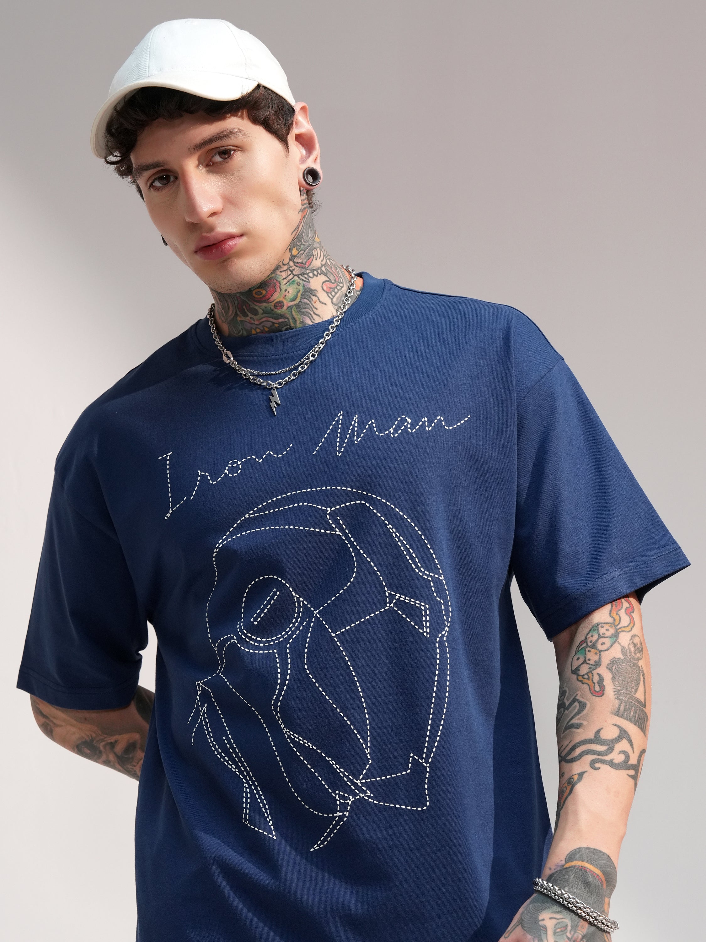 Marvel By Highlander Men Navy Blue Iron Man Embroidered Round Neck Oversized Fit T-Shirt - Navy Blue - Image 1