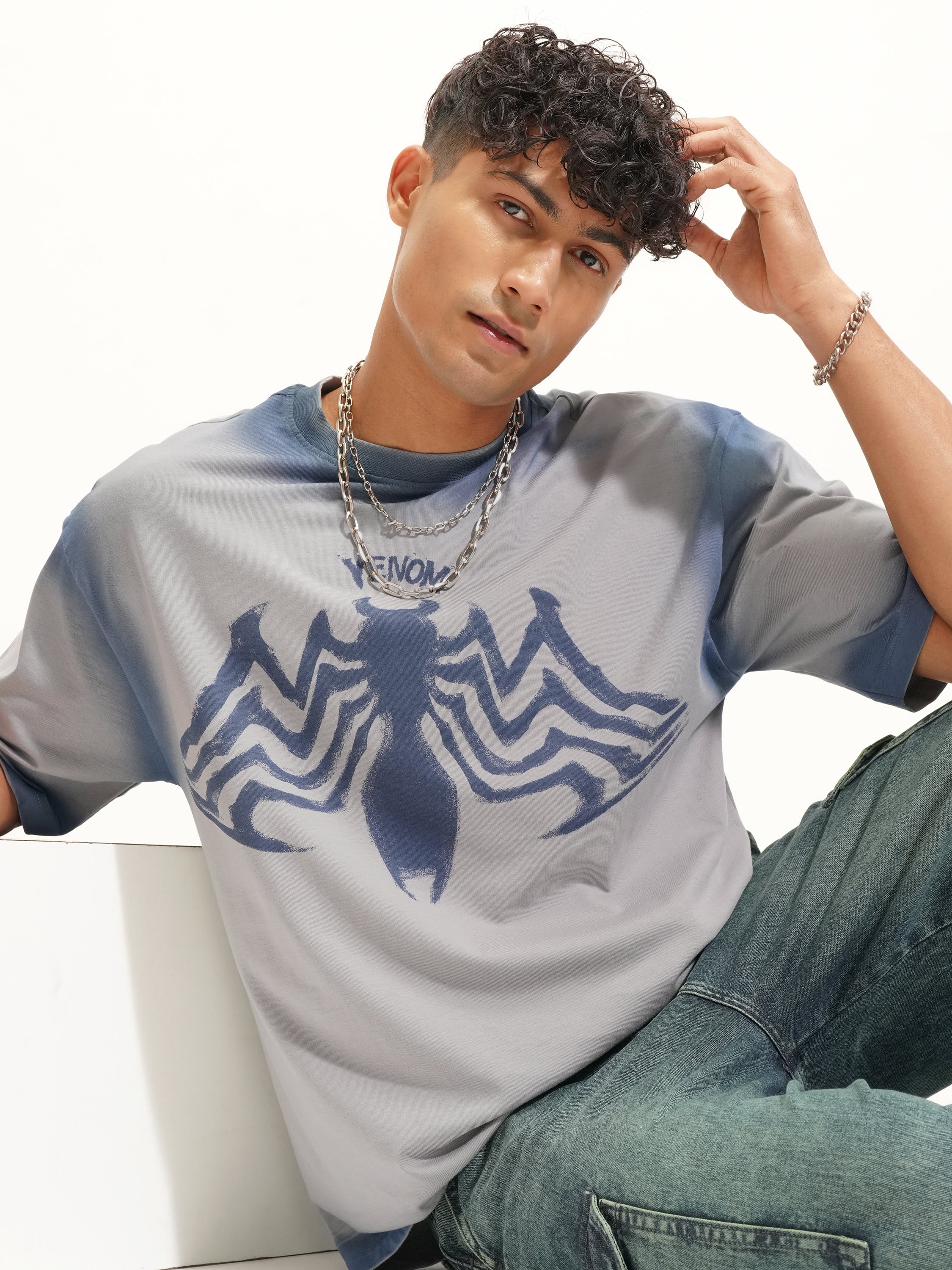 Marvel By Highlander Men Grey Venom Printed Round Neck Oversized Fit T-Shirt - Grey - Image 1